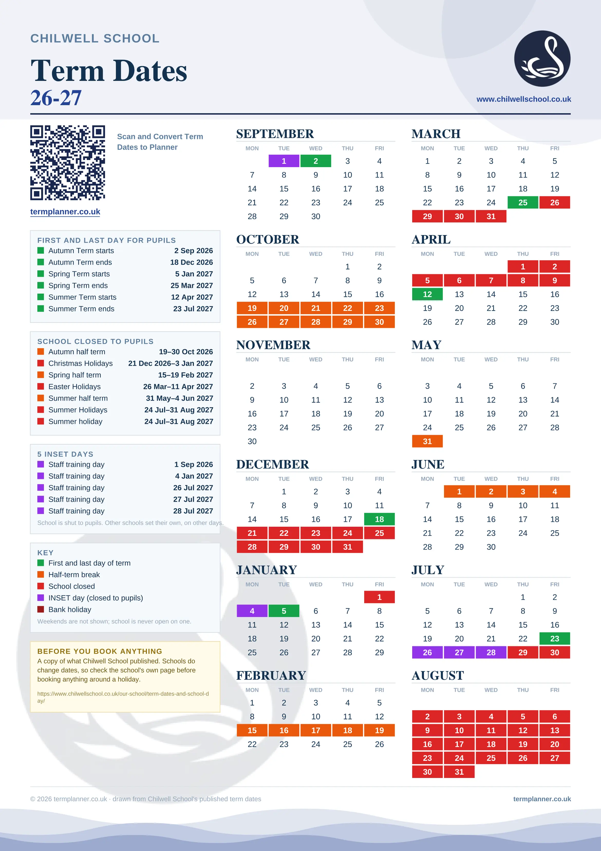 Chilwell School’s 2026/27 school year drawn as one sheet: twelve month grids from September to August, Monday to Friday, with autumn term 2 September to 18 December 2026, spring term 5 January to 25 March 2027, summer term 12 April to 23 July 2027. Half terms, holidays and bank holidays are filled in colour, the first and last day of each term is marked, 5 INSET days are picked out, and every date is listed again in words down the left.
