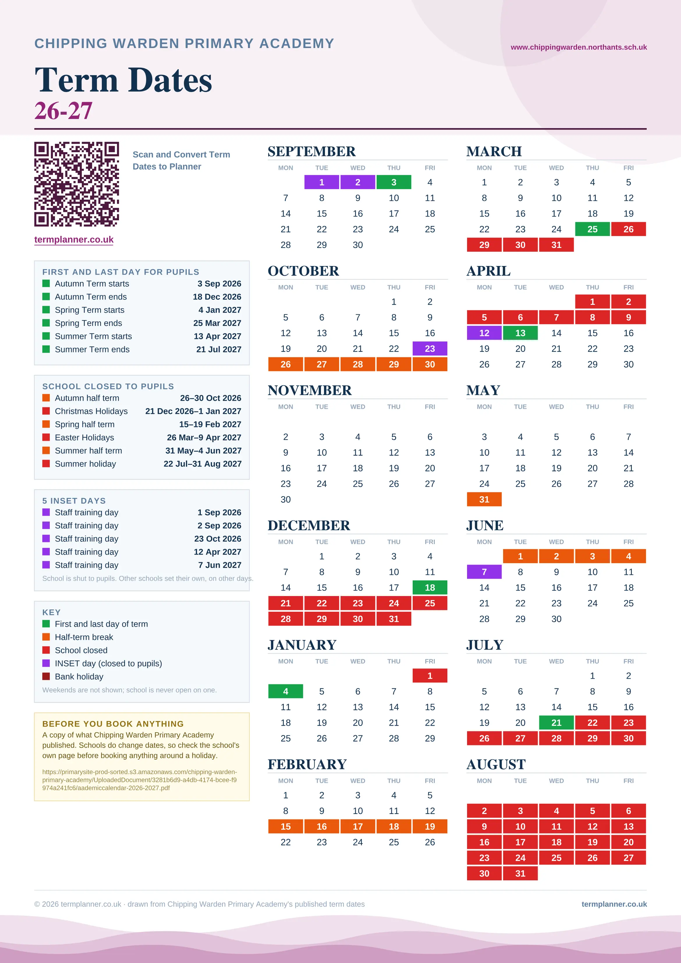 Chipping Warden Primary Academy’s 2026/27 school year drawn as one sheet: twelve month grids from September to August, Monday to Friday, with autumn term 3 September to 18 December 2026, spring term 4 January to 25 March 2027, summer term 13 April to 21 July 2027. Half terms, holidays and bank holidays are filled in colour, the first and last day of each term is marked, 5 INSET days are picked out, and every date is listed again in words down the left.