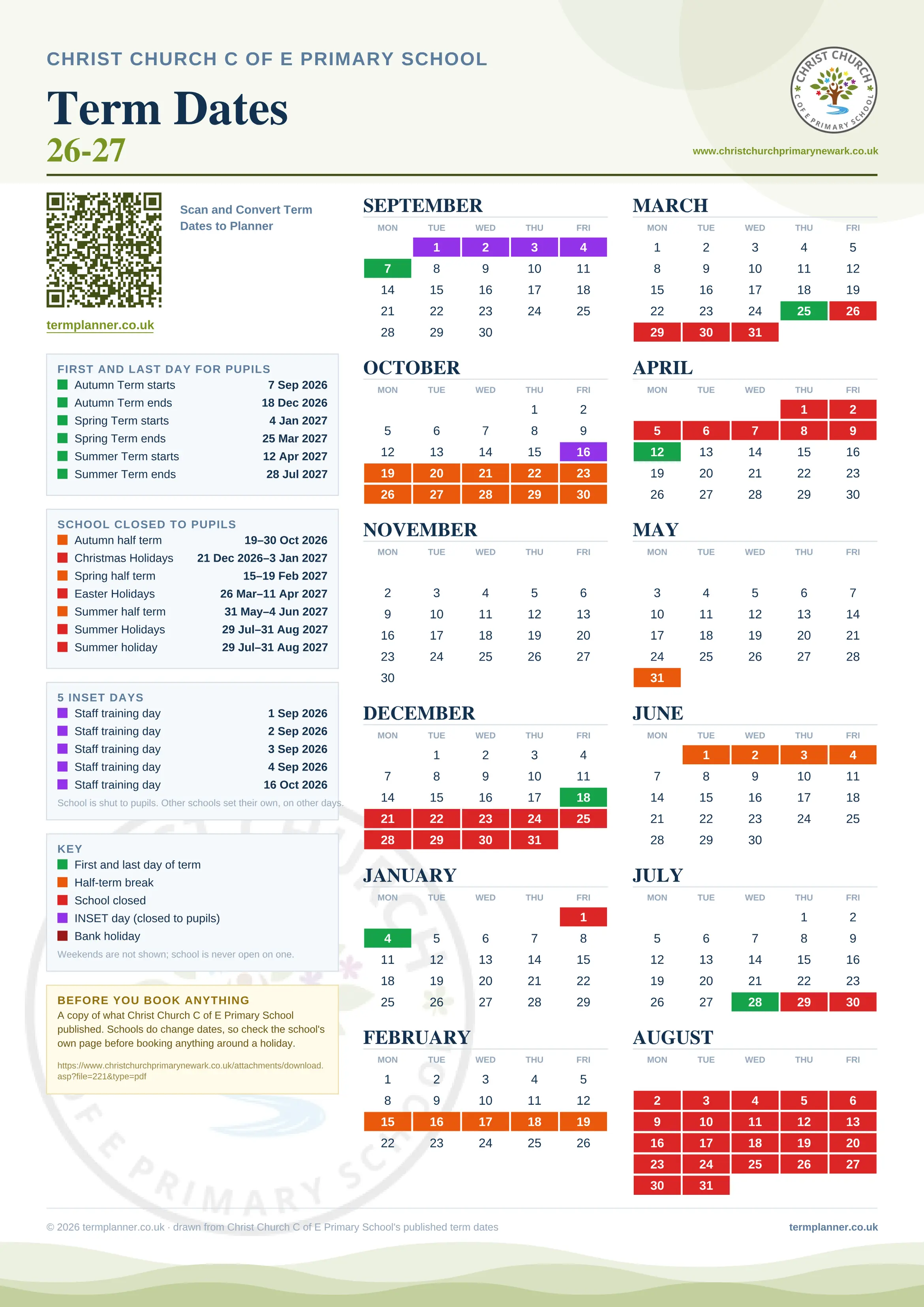 Christ Church C of E Primary School’s 2026/27 school year drawn as one sheet: twelve month grids from September to August, Monday to Friday, with autumn term 7 September to 18 December 2026, spring term 4 January to 25 March 2027, summer term 12 April to 28 July 2027. Half terms, holidays and bank holidays are filled in colour, the first and last day of each term is marked, 5 INSET days are picked out, and every date is listed again in words down the left.