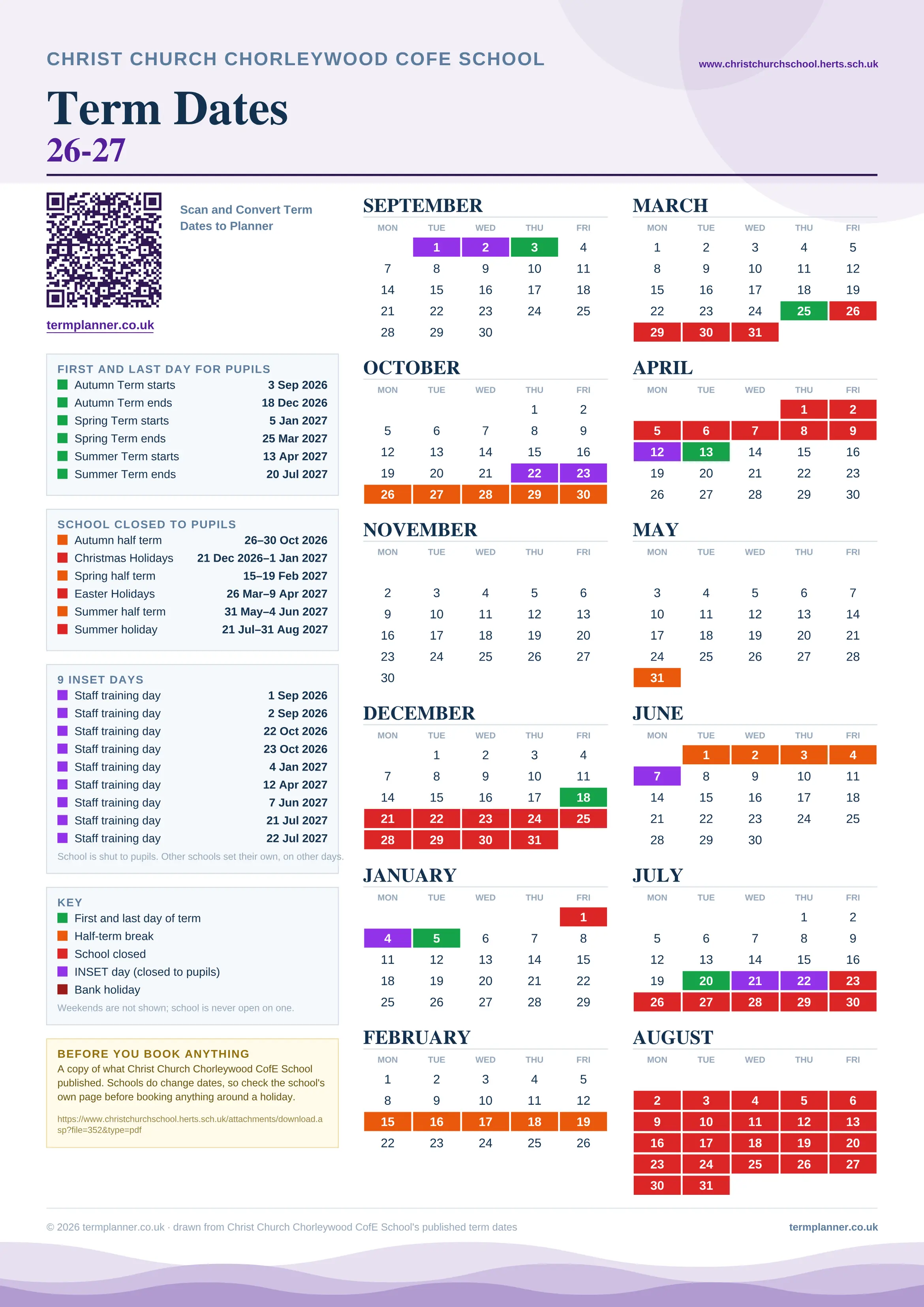 Christ Church Chorleywood CofE School’s 2026/27 school year drawn as one sheet: twelve month grids from September to August, Monday to Friday, with autumn term 3 September to 18 December 2026, spring term 5 January to 25 March 2027, summer term 13 April to 20 July 2027. Half terms, holidays and bank holidays are filled in colour, the first and last day of each term is marked, 9 INSET days are picked out, and every date is listed again in words down the left.
