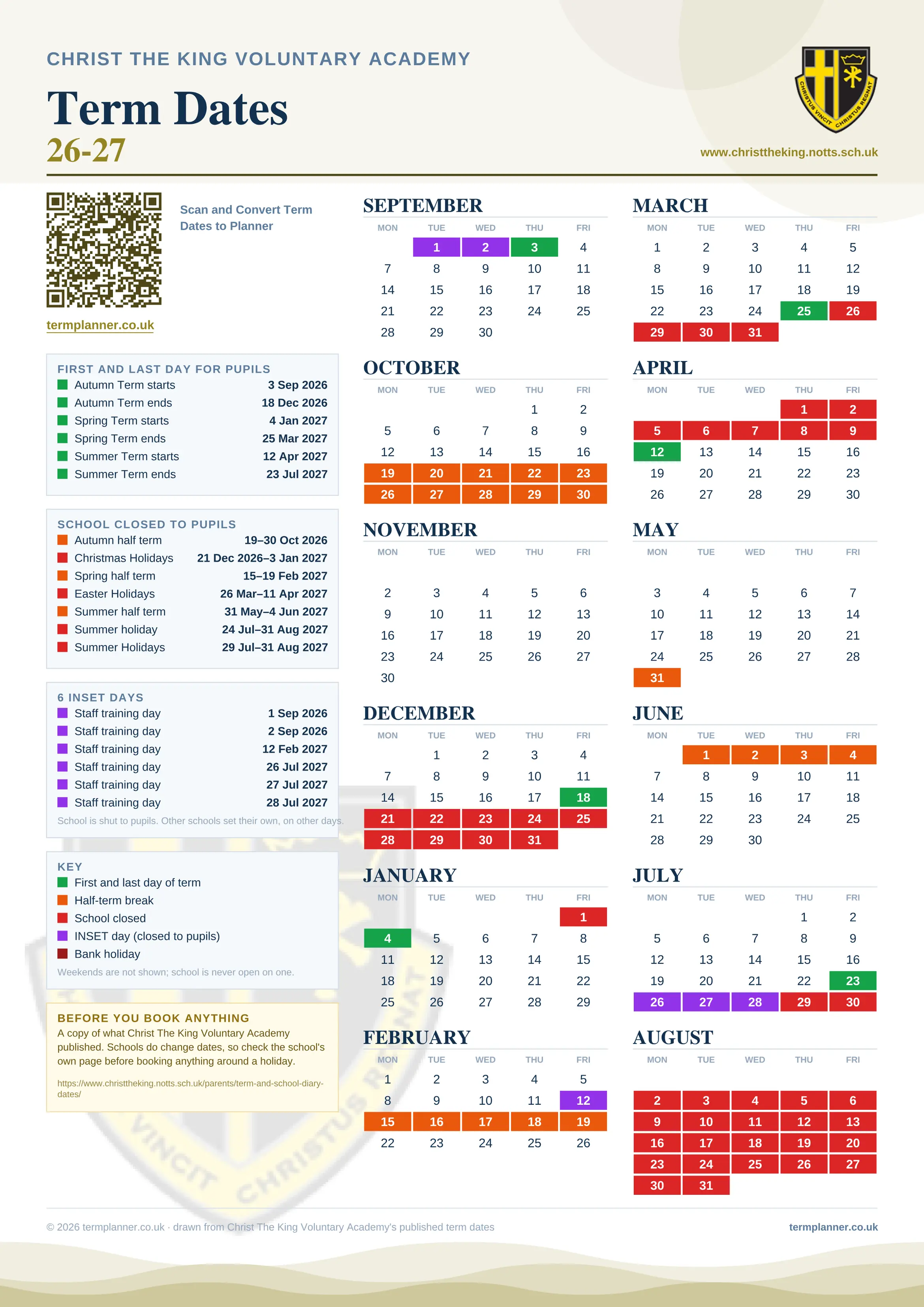 Christ The King Voluntary Academy’s 2026/27 school year drawn as one sheet: twelve month grids from September to August, Monday to Friday, with autumn term 3 September to 18 December 2026, spring term 4 January to 25 March 2027, summer term 12 April to 23 July 2027. Half terms, holidays and bank holidays are filled in colour, the first and last day of each term is marked, 6 INSET days are picked out, and every date is listed again in words down the left.