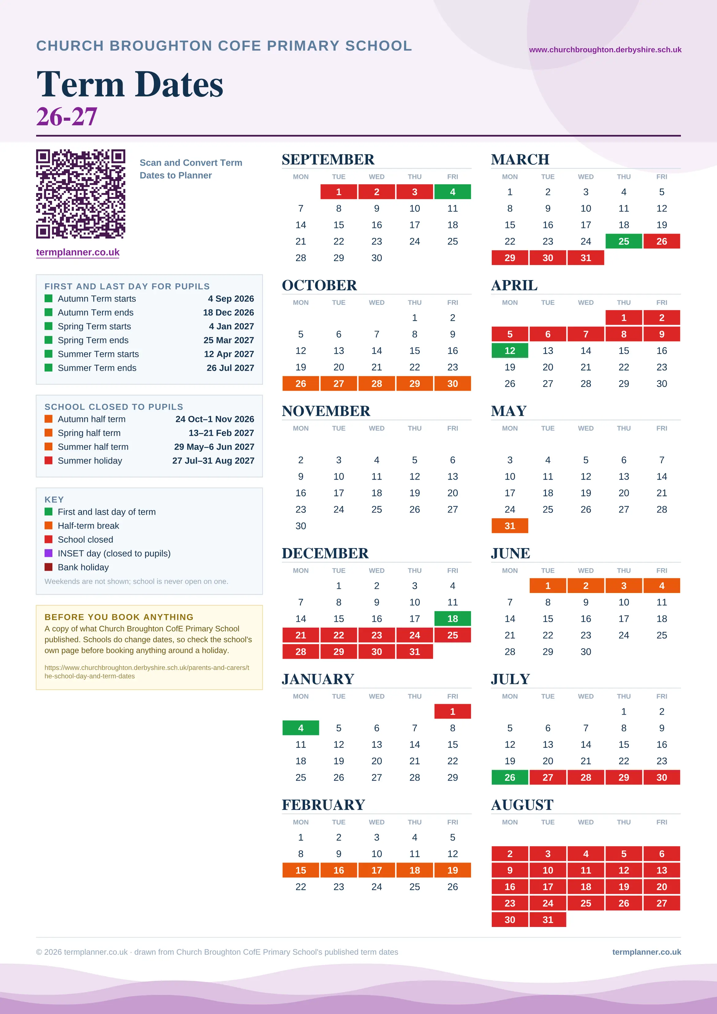 Church Broughton CofE Primary School’s 2026/27 school year drawn as one sheet: twelve month grids from September to August, Monday to Friday, with autumn term 4 September to 18 December 2026, spring term 4 January to 25 March 2027, summer term 12 April to 26 July 2027. Half terms, holidays and bank holidays are filled in colour, the first and last day of each term is marked, and every date is listed again in words down the left.
