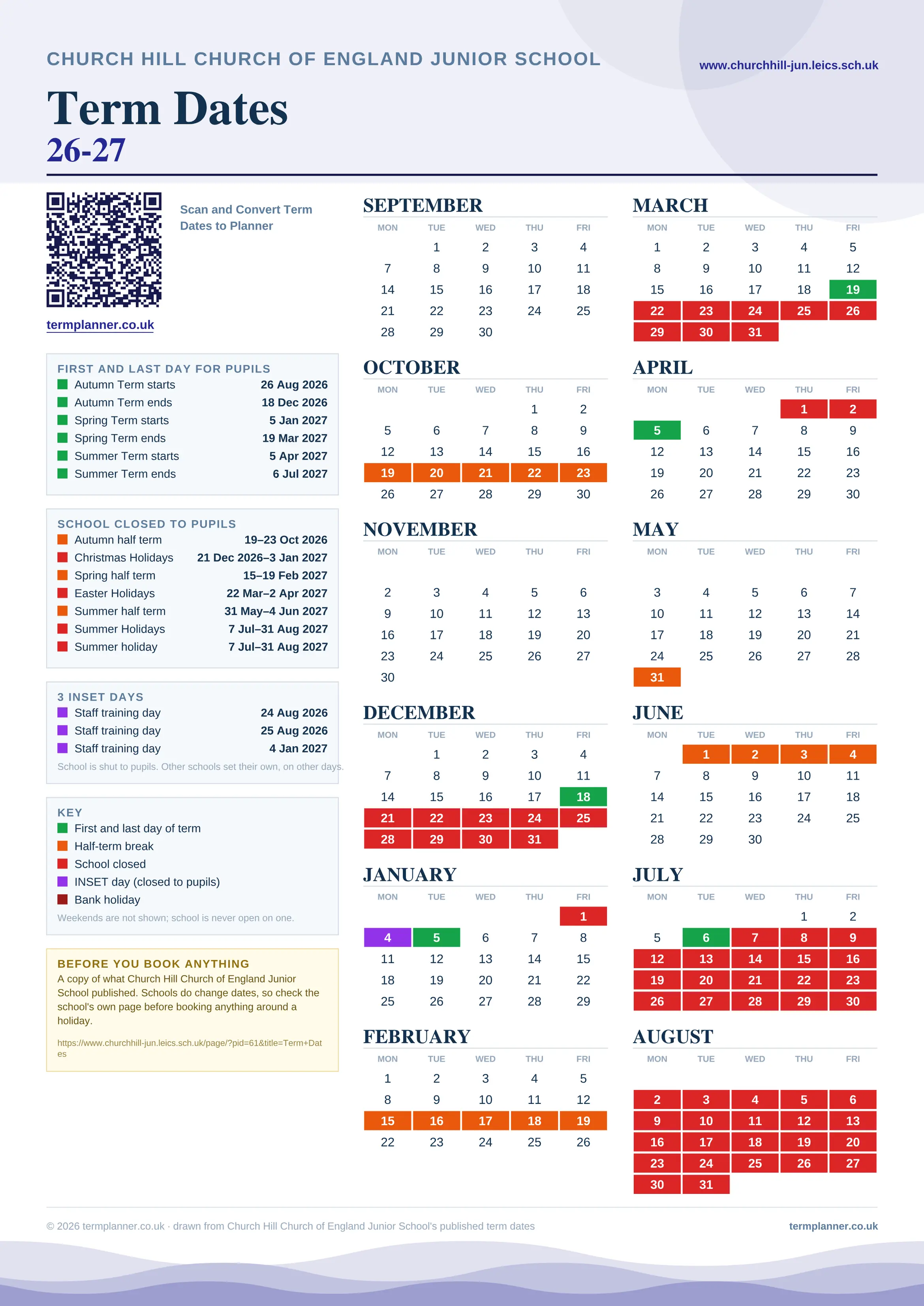Church Hill Church of England Junior School’s 2026/27 school year drawn as one sheet: twelve month grids from September to August, Monday to Friday, with autumn term 26 August to 18 December 2026, spring term 5 January to 19 March 2027, summer term 5 April to 6 July 2027. Half terms, holidays and bank holidays are filled in colour, the first and last day of each term is marked, 3 INSET days are picked out, and every date is listed again in words down the left.