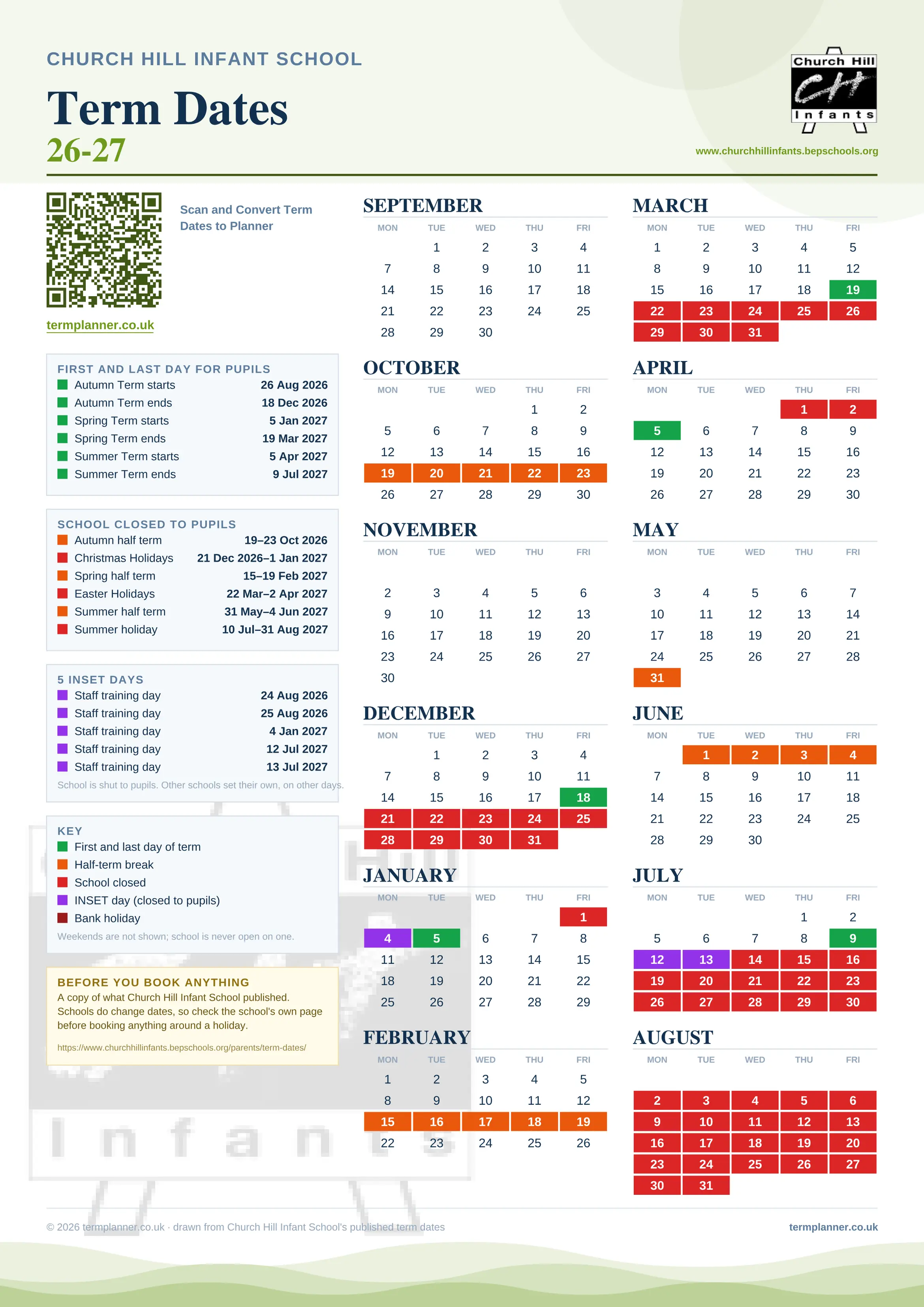 Church Hill Infant School’s 2026/27 school year drawn as one sheet: twelve month grids from September to August, Monday to Friday, with autumn term 26 August to 18 December 2026, spring term 5 January to 19 March 2027, summer term 5 April to 9 July 2027. Half terms, holidays and bank holidays are filled in colour, the first and last day of each term is marked, 5 INSET days are picked out, and every date is listed again in words down the left.
