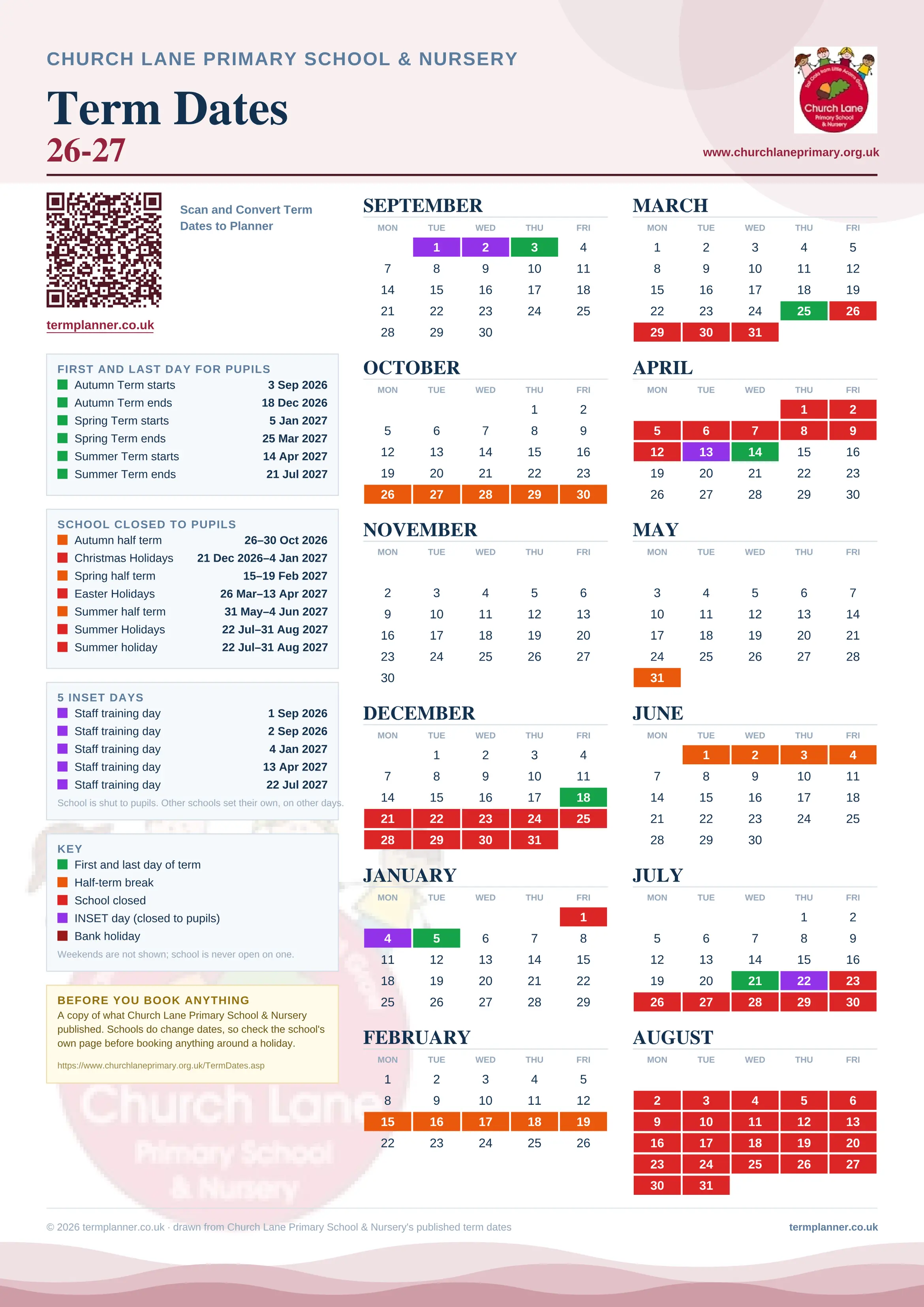 Church Lane Primary School & Nursery’s 2026/27 school year drawn as one sheet: twelve month grids from September to August, Monday to Friday, with autumn term 3 September to 18 December 2026, spring term 5 January to 25 March 2027, summer term 14 April to 21 July 2027. Half terms, holidays and bank holidays are filled in colour, the first and last day of each term is marked, 5 INSET days are picked out, and every date is listed again in words down the left.
