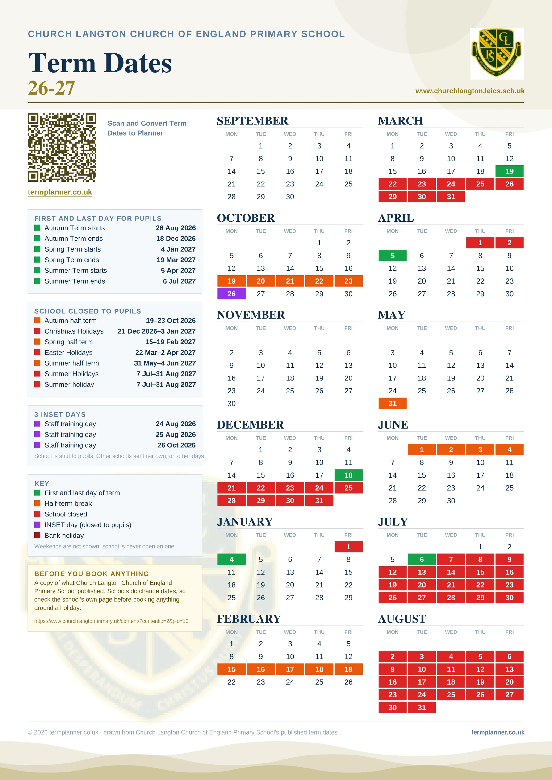 Church Langton Church of England Primary School’s 2026/27 school year drawn as one sheet: twelve month grids from September to August, Monday to Friday, with autumn term 26 August to 18 December 2026, spring term 4 January to 19 March 2027, summer term 5 April to 6 July 2027. Half terms, holidays and bank holidays are filled in colour, the first and last day of each term is marked, 3 INSET days are picked out, and every date is listed again in words down the left.