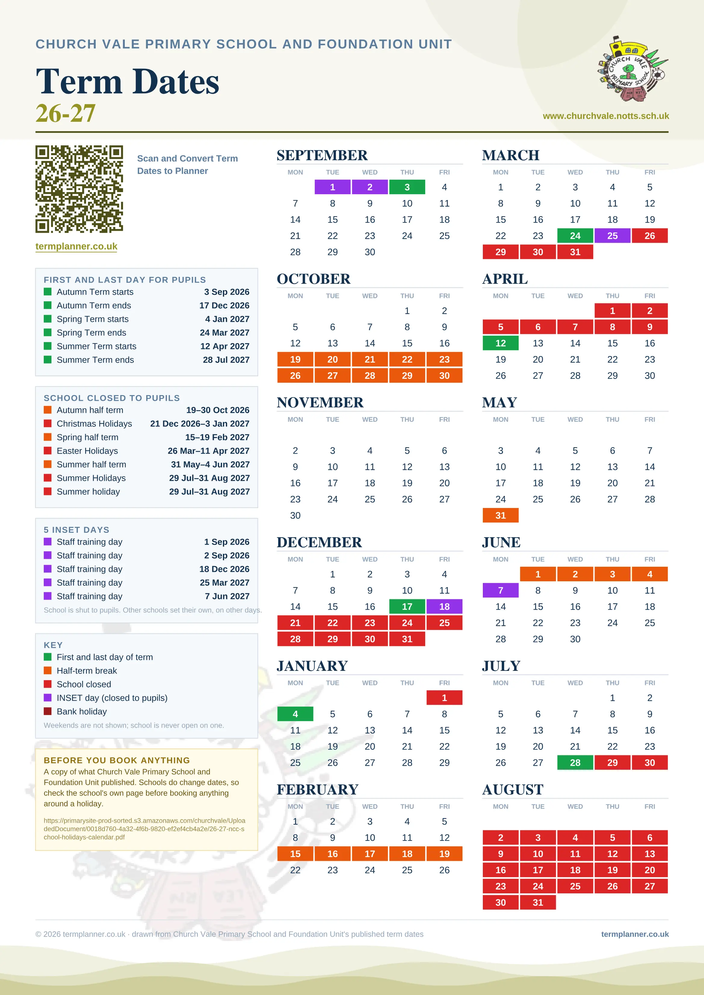 Church Vale Primary School and Foundation Unit’s 2026/27 school year drawn as one sheet: twelve month grids from September to August, Monday to Friday, with autumn term 3 September to 17 December 2026, spring term 4 January to 24 March 2027, summer term 12 April to 28 July 2027. Half terms, holidays and bank holidays are filled in colour, the first and last day of each term is marked, 5 INSET days are picked out, and every date is listed again in words down the left.