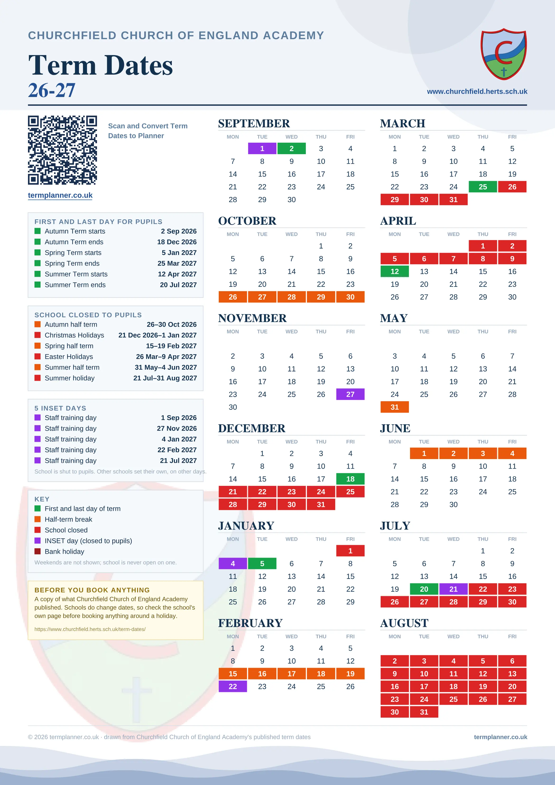 Churchfield Church of England Academy’s 2026/27 school year drawn as one sheet: twelve month grids from September to August, Monday to Friday, with autumn term 2 September to 18 December 2026, spring term 5 January to 25 March 2027, summer term 12 April to 20 July 2027. Half terms, holidays and bank holidays are filled in colour, the first and last day of each term is marked, 5 INSET days are picked out, and every date is listed again in words down the left.
