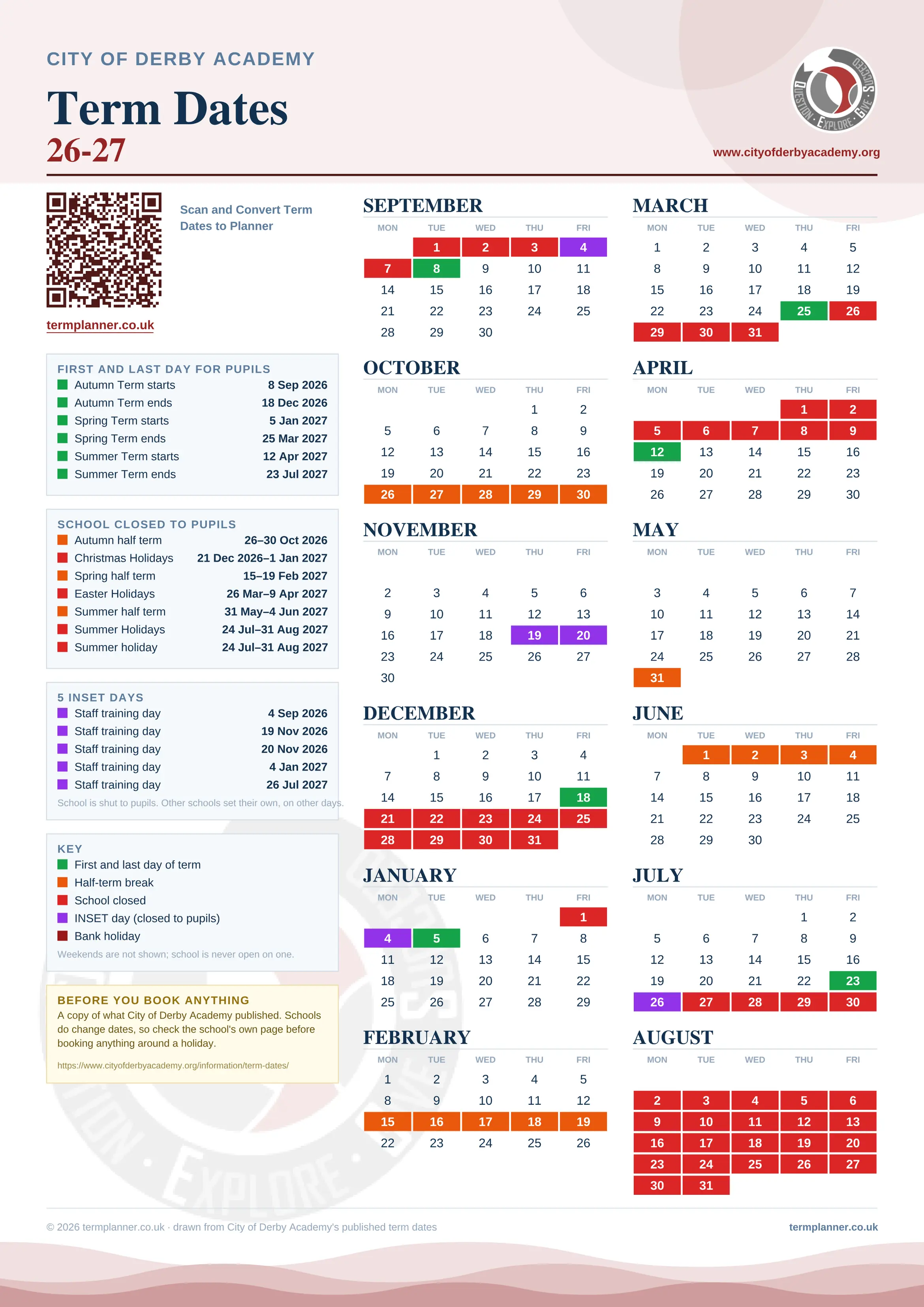 City of Derby Academy’s 2026/27 school year drawn as one sheet: twelve month grids from September to August, Monday to Friday, with autumn term 8 September to 18 December 2026, spring term 5 January to 25 March 2027, summer term 12 April to 23 July 2027. Half terms, holidays and bank holidays are filled in colour, the first and last day of each term is marked, 5 INSET days are picked out, and every date is listed again in words down the left.