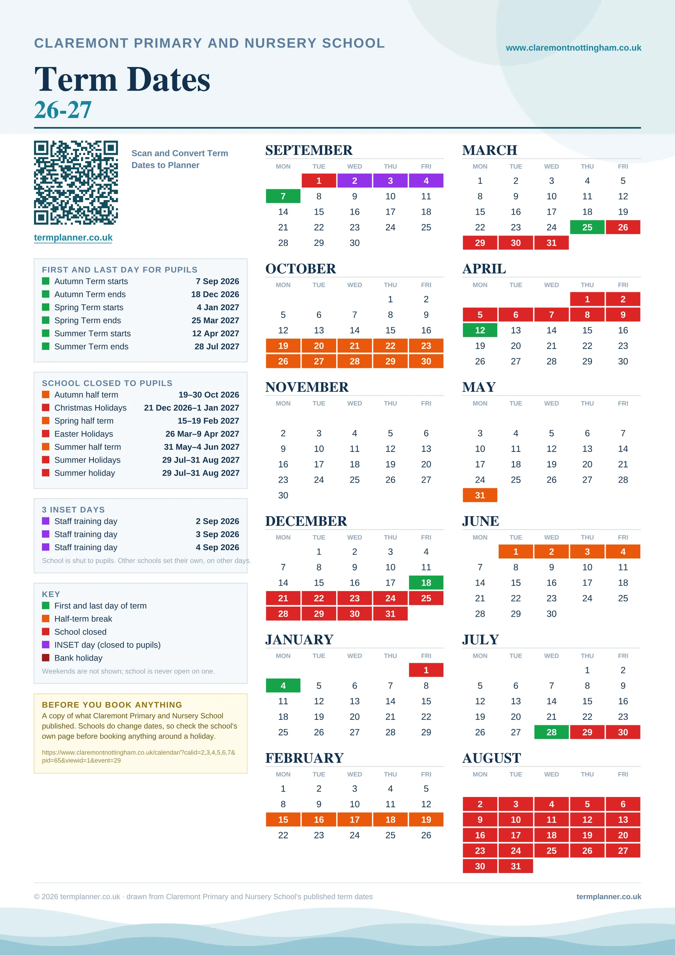 Claremont Primary and Nursery School’s 2026/27 school year drawn as one sheet: twelve month grids from September to August, Monday to Friday, with autumn term 7 September to 18 December 2026, spring term 4 January to 25 March 2027, summer term 12 April to 28 July 2027. Half terms, holidays and bank holidays are filled in colour, the first and last day of each term is marked, 3 INSET days are picked out, and every date is listed again in words down the left.