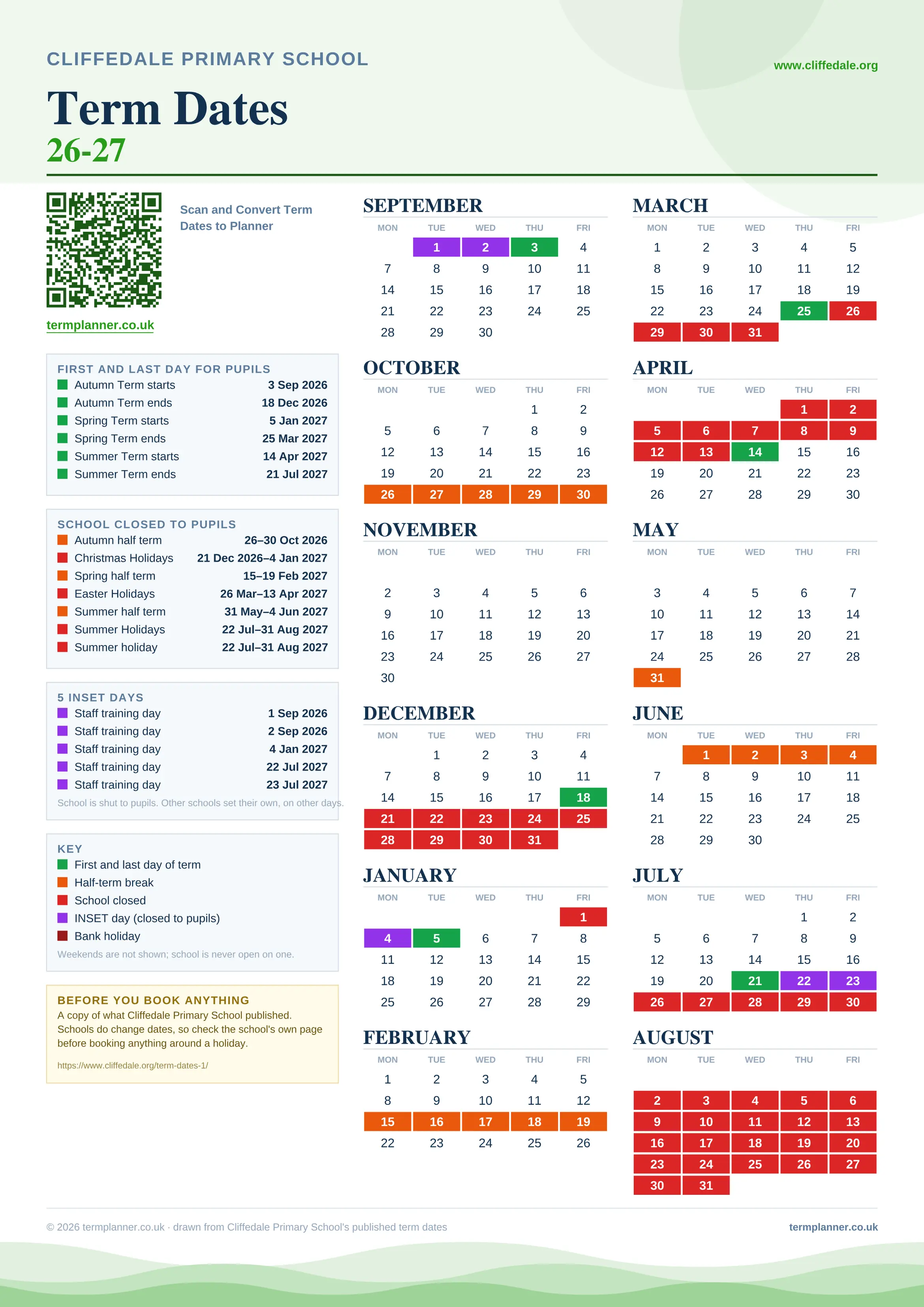 Cliffedale Primary School’s 2026/27 school year drawn as one sheet: twelve month grids from September to August, Monday to Friday, with autumn term 3 September to 18 December 2026, spring term 5 January to 25 March 2027, summer term 14 April to 21 July 2027. Half terms, holidays and bank holidays are filled in colour, the first and last day of each term is marked, 5 INSET days are picked out, and every date is listed again in words down the left.