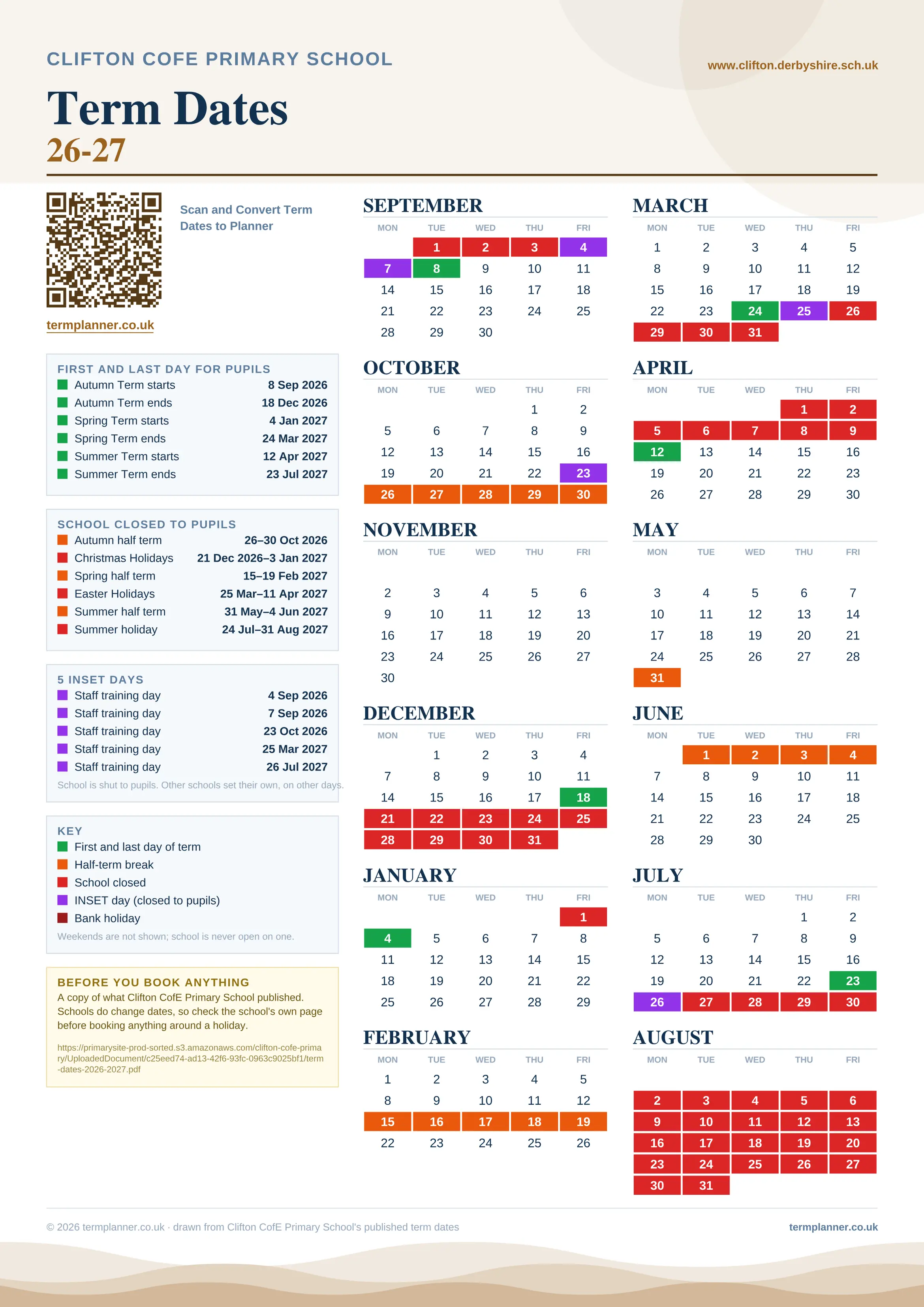 Clifton CofE Primary School’s 2026/27 school year drawn as one sheet: twelve month grids from September to August, Monday to Friday, with autumn term 8 September to 18 December 2026, spring term 4 January to 24 March 2027, summer term 12 April to 23 July 2027. Half terms, holidays and bank holidays are filled in colour, the first and last day of each term is marked, 5 INSET days are picked out, and every date is listed again in words down the left.