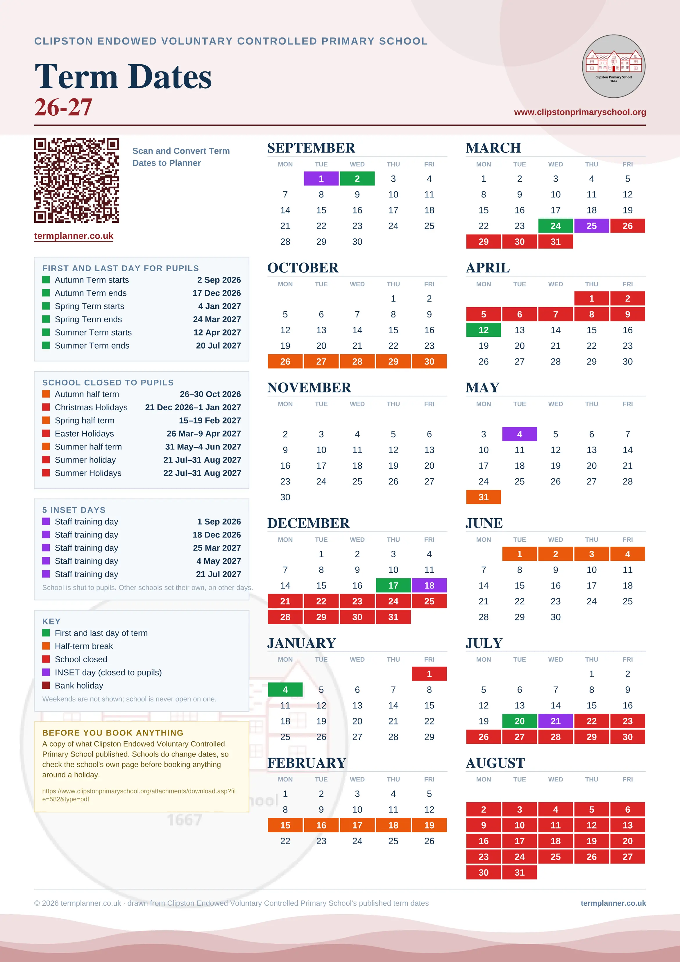 Clipston Endowed Voluntary Controlled Primary School’s 2026/27 school year drawn as one sheet: twelve month grids from September to August, Monday to Friday, with autumn term 2 September to 17 December 2026, spring term 4 January to 24 March 2027, summer term 12 April to 20 July 2027. Half terms, holidays and bank holidays are filled in colour, the first and last day of each term is marked, 5 INSET days are picked out, and every date is listed again in words down the left.
