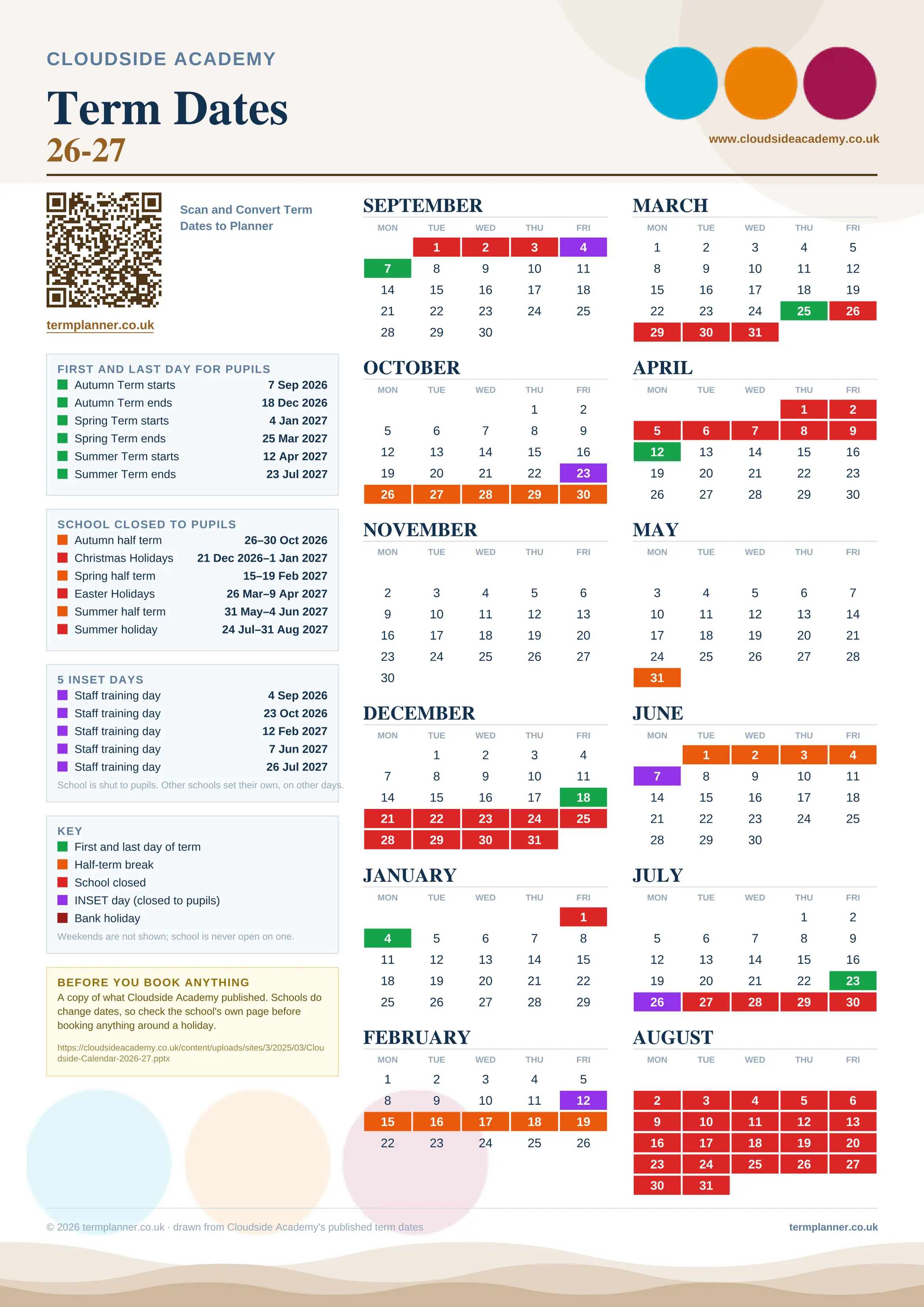 Cloudside Academy’s 2026/27 school year drawn as one sheet: twelve month grids from September to August, Monday to Friday, with autumn term 7 September to 18 December 2026, spring term 4 January to 25 March 2027, summer term 12 April to 23 July 2027. Half terms, holidays and bank holidays are filled in colour, the first and last day of each term is marked, 5 INSET days are picked out, and every date is listed again in words down the left.