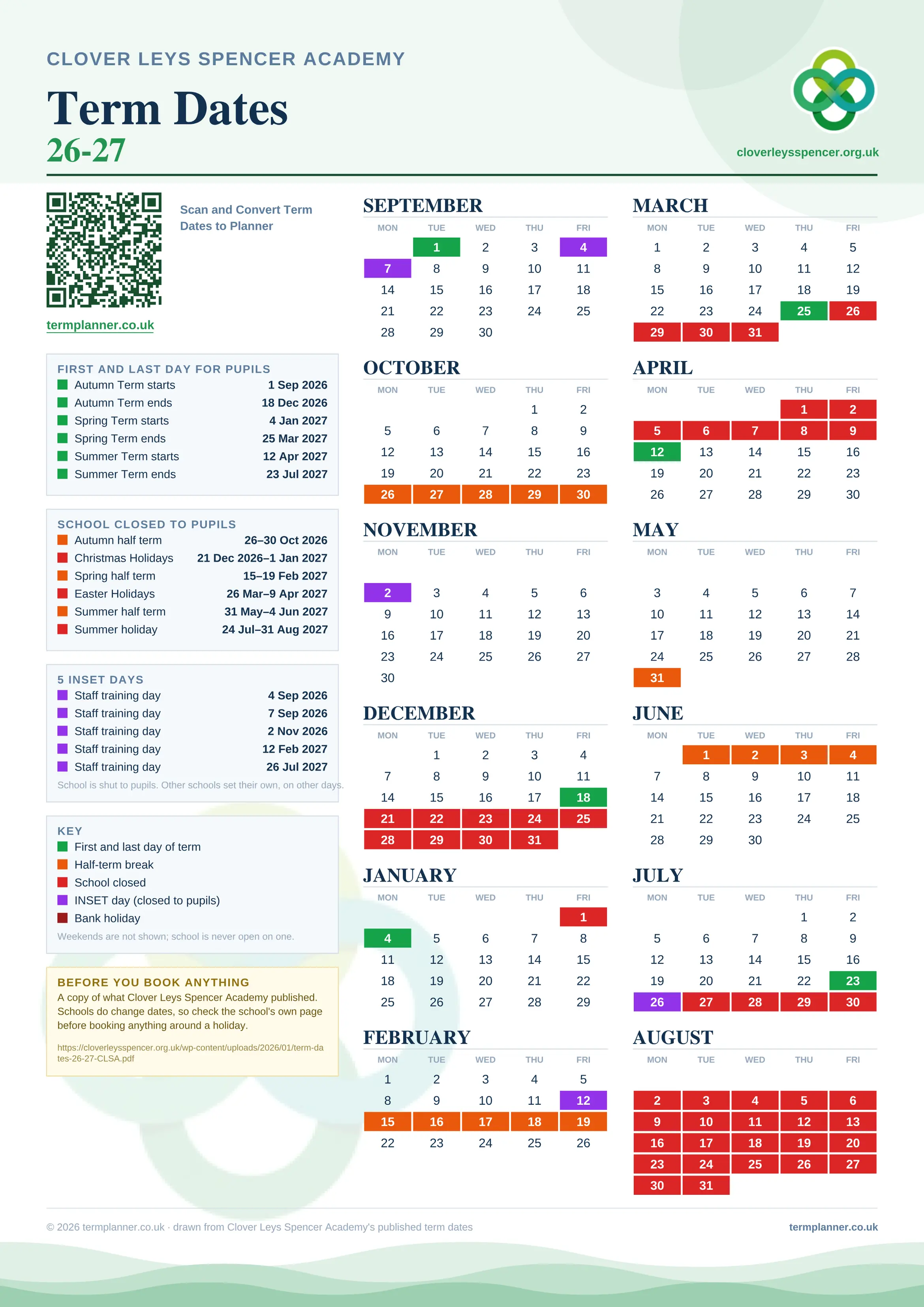 Clover Leys Spencer Academy’s 2026/27 school year drawn as one sheet: twelve month grids from September to August, Monday to Friday, with autumn term 1 September to 18 December 2026, spring term 4 January to 25 March 2027, summer term 12 April to 23 July 2027. Half terms, holidays and bank holidays are filled in colour, the first and last day of each term is marked, 5 INSET days are picked out, and every date is listed again in words down the left.