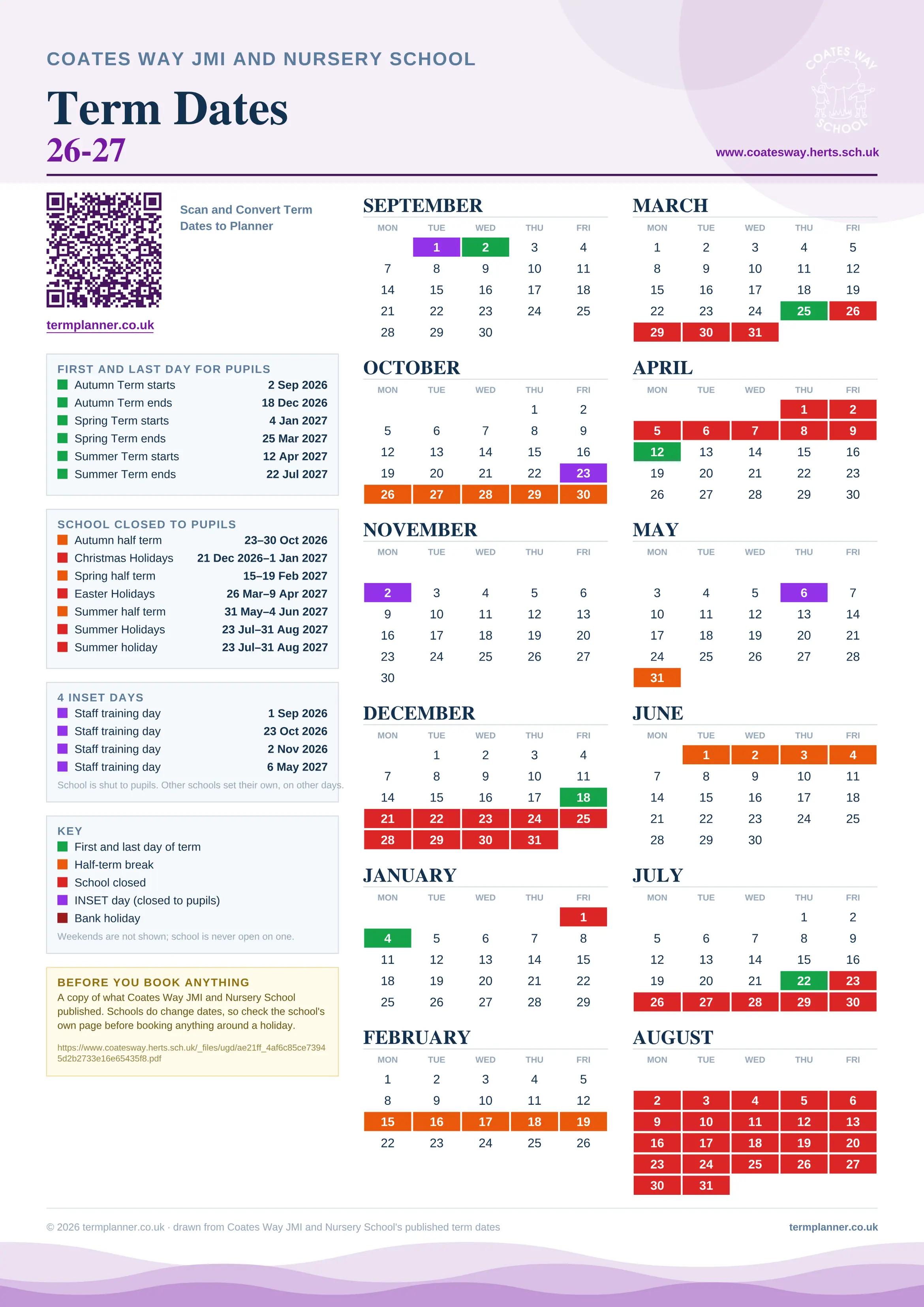 Coates Way JMI and Nursery School’s 2026/27 school year drawn as one sheet: twelve month grids from September to August, Monday to Friday, with autumn term 2 September to 18 December 2026, spring term 4 January to 25 March 2027, summer term 12 April to 22 July 2027. Half terms, holidays and bank holidays are filled in colour, the first and last day of each term is marked, 4 INSET days are picked out, and every date is listed again in words down the left.