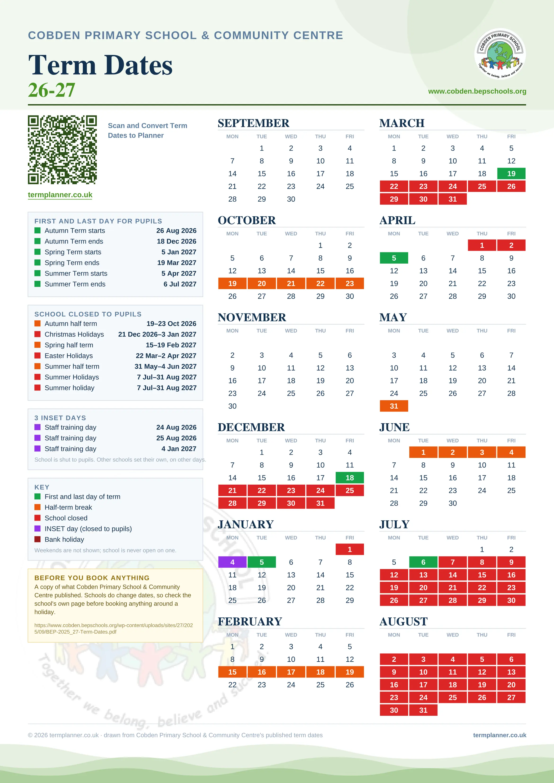 Cobden Primary School & Community Centre’s 2026/27 school year drawn as one sheet: twelve month grids from September to August, Monday to Friday, with autumn term 26 August to 18 December 2026, spring term 5 January to 19 March 2027, summer term 5 April to 6 July 2027. Half terms, holidays and bank holidays are filled in colour, the first and last day of each term is marked, 3 INSET days are picked out, and every date is listed again in words down the left.