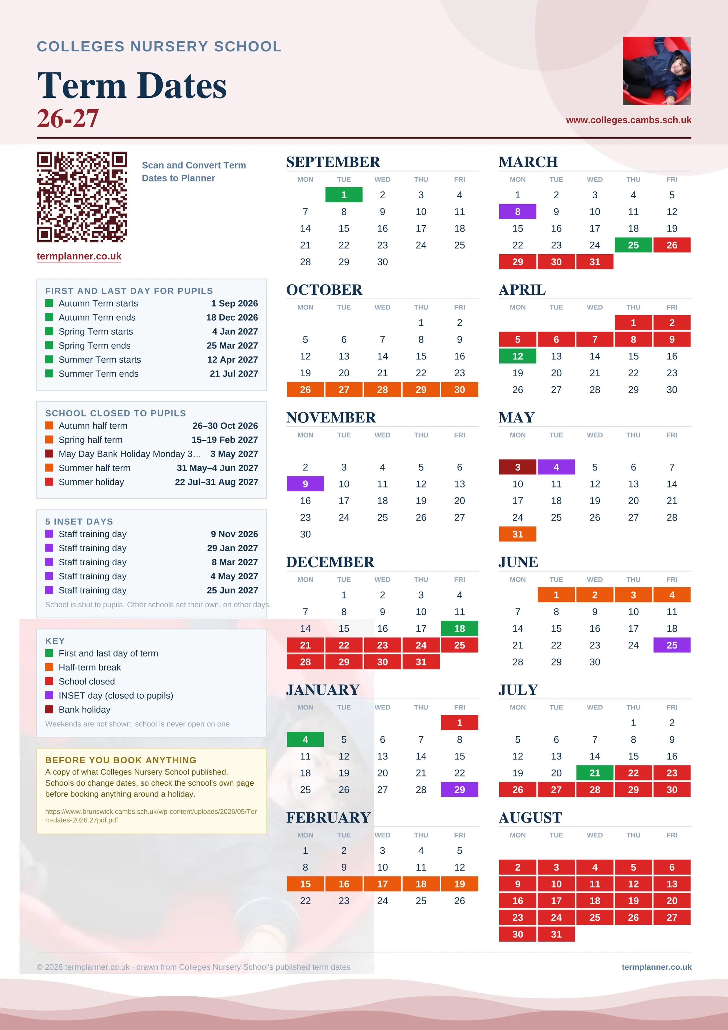 Colleges Nursery School’s 2026/27 school year drawn as one sheet: twelve month grids from September to August, Monday to Friday, with autumn term 1 September to 18 December 2026, spring term 4 January to 25 March 2027, summer term 12 April to 21 July 2027. Half terms, holidays and bank holidays are filled in colour, the first and last day of each term is marked, 5 INSET days are picked out, and every date is listed again in words down the left.