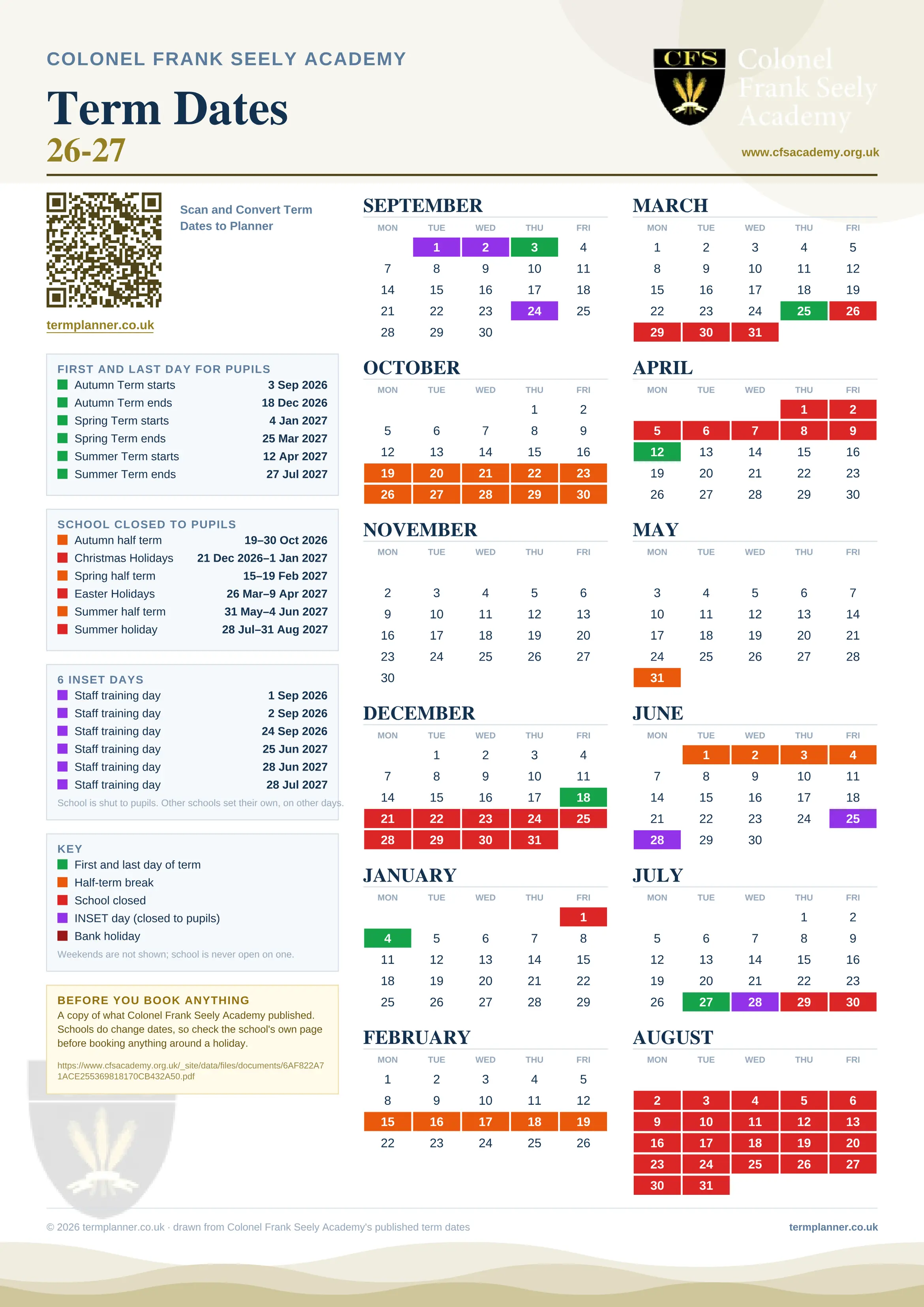 Colonel Frank Seely Academy’s 2026/27 school year drawn as one sheet: twelve month grids from September to August, Monday to Friday, with autumn term 3 September to 18 December 2026, spring term 4 January to 25 March 2027, summer term 12 April to 27 July 2027. Half terms, holidays and bank holidays are filled in colour, the first and last day of each term is marked, 6 INSET days are picked out, and every date is listed again in words down the left.