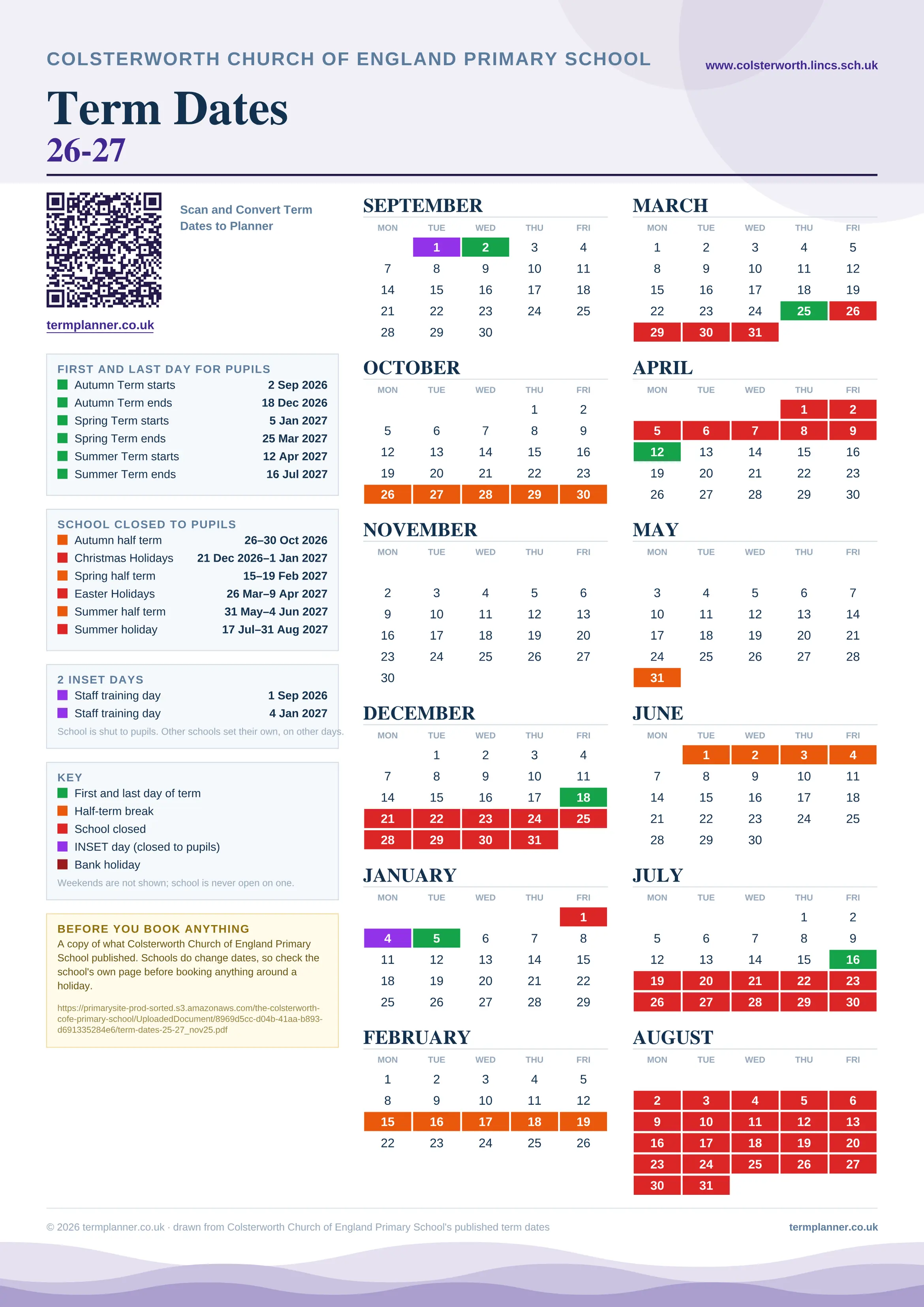 Colsterworth Church of England Primary School’s 2026/27 school year drawn as one sheet: twelve month grids from September to August, Monday to Friday, with autumn term 2 September to 18 December 2026, spring term 5 January to 25 March 2027, summer term 12 April to 16 July 2027. Half terms, holidays and bank holidays are filled in colour, the first and last day of each term is marked, 2 INSET days are picked out, and every date is listed again in words down the left.