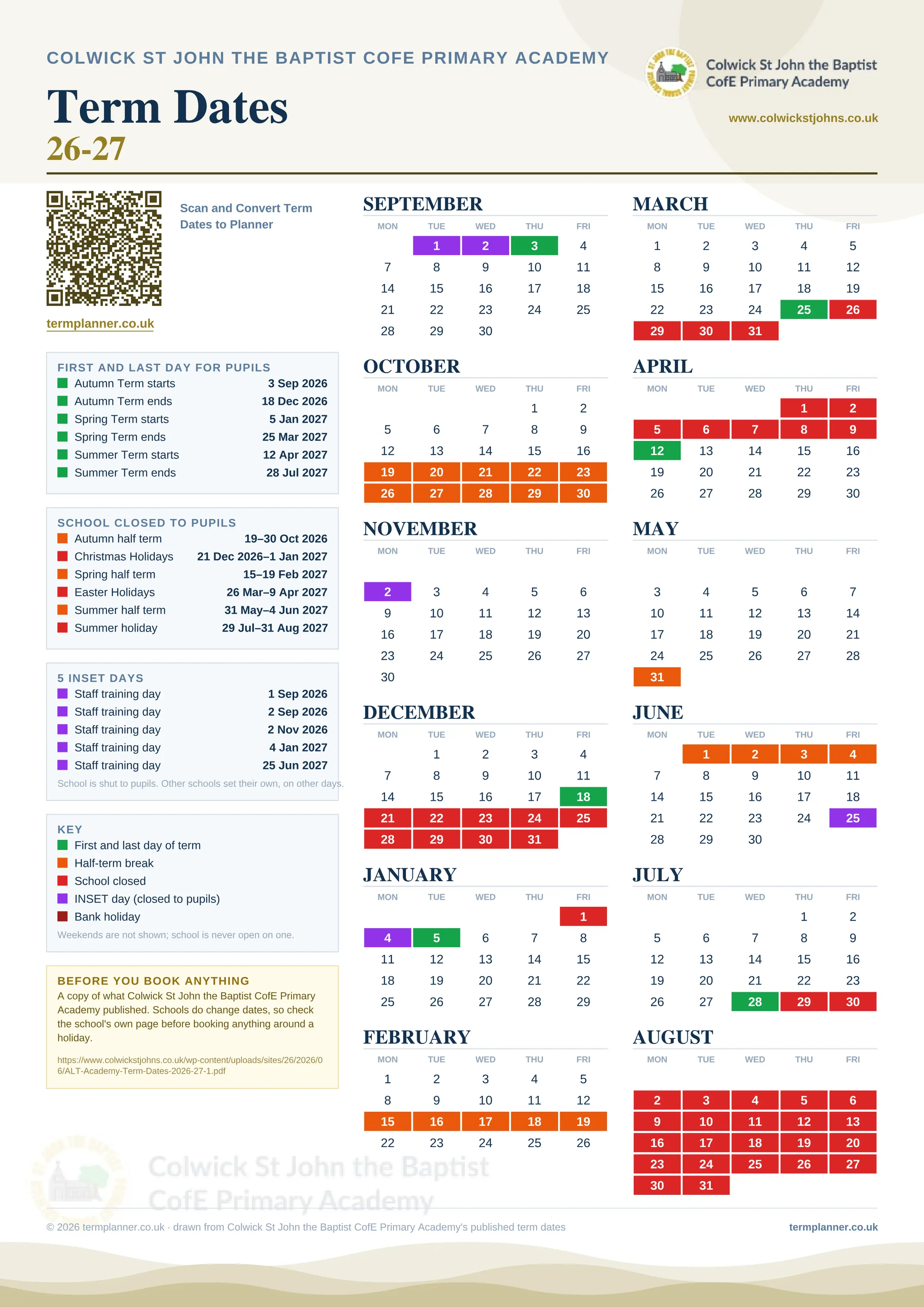 Colwick St John the Baptist CofE Primary Academy’s 2026/27 school year drawn as one sheet: twelve month grids from September to August, Monday to Friday, with autumn term 3 September to 18 December 2026, spring term 5 January to 25 March 2027, summer term 12 April to 28 July 2027. Half terms, holidays and bank holidays are filled in colour, the first and last day of each term is marked, 5 INSET days are picked out, and every date is listed again in words down the left.