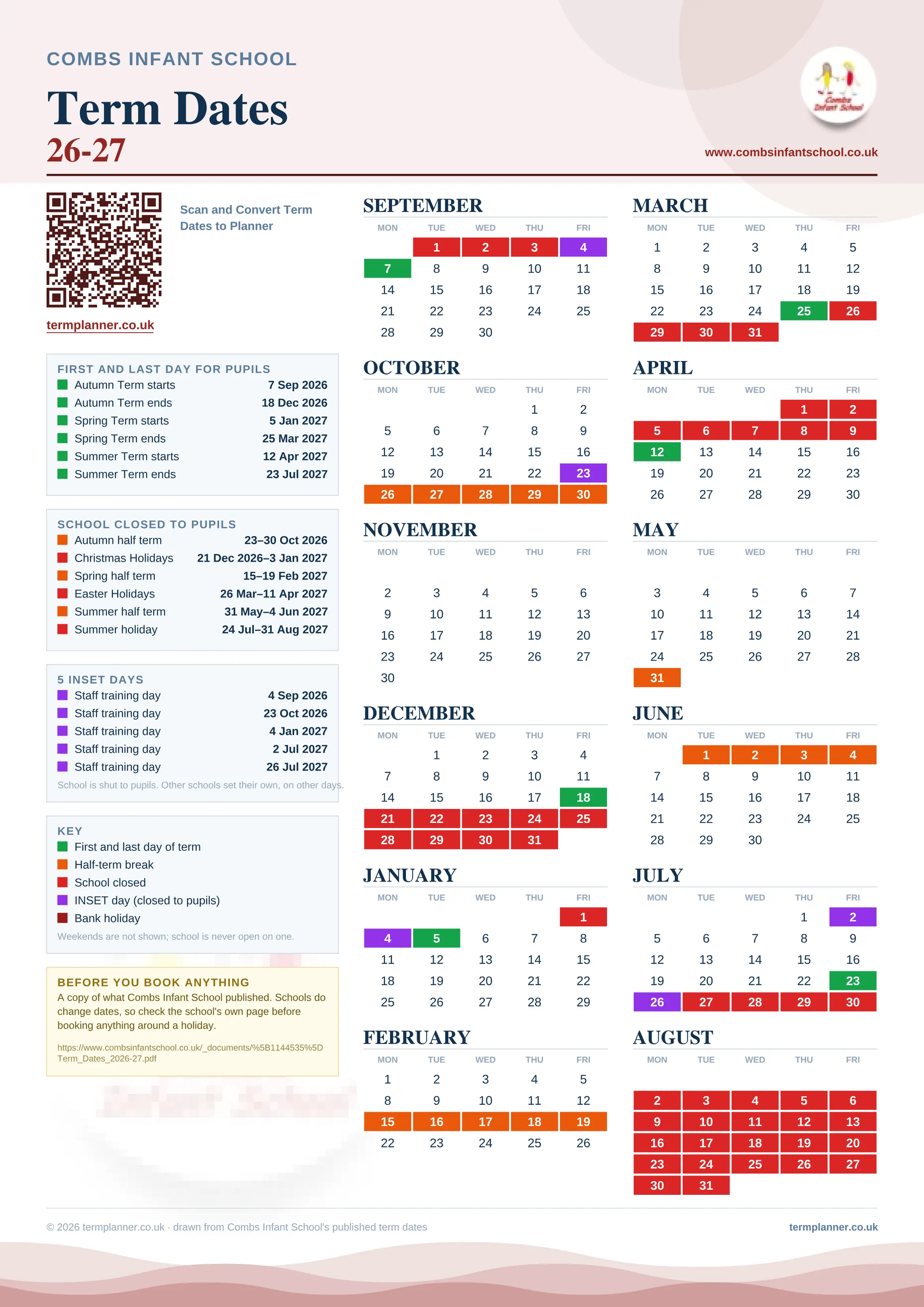 Combs Infant School’s 2026/27 school year drawn as one sheet: twelve month grids from September to August, Monday to Friday, with autumn term 7 September to 18 December 2026, spring term 5 January to 25 March 2027, summer term 12 April to 23 July 2027. Half terms, holidays and bank holidays are filled in colour, the first and last day of each term is marked, 5 INSET days are picked out, and every date is listed again in words down the left.
