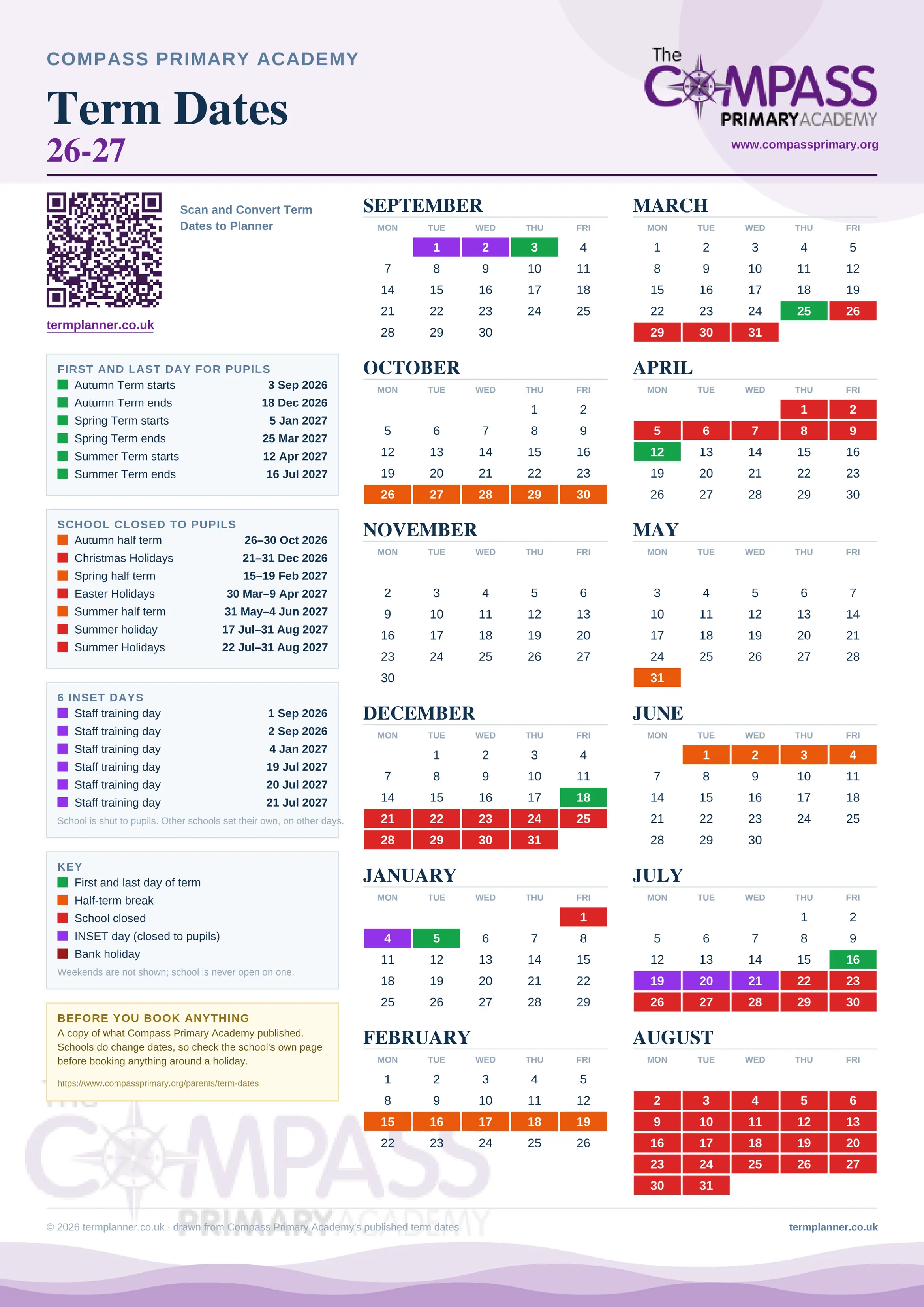Compass Primary Academy’s 2026/27 school year drawn as one sheet: twelve month grids from September to August, Monday to Friday, with autumn term 3 September to 18 December 2026, spring term 5 January to 25 March 2027, summer term 12 April to 16 July 2027. Half terms, holidays and bank holidays are filled in colour, the first and last day of each term is marked, 6 INSET days are picked out, and every date is listed again in words down the left.