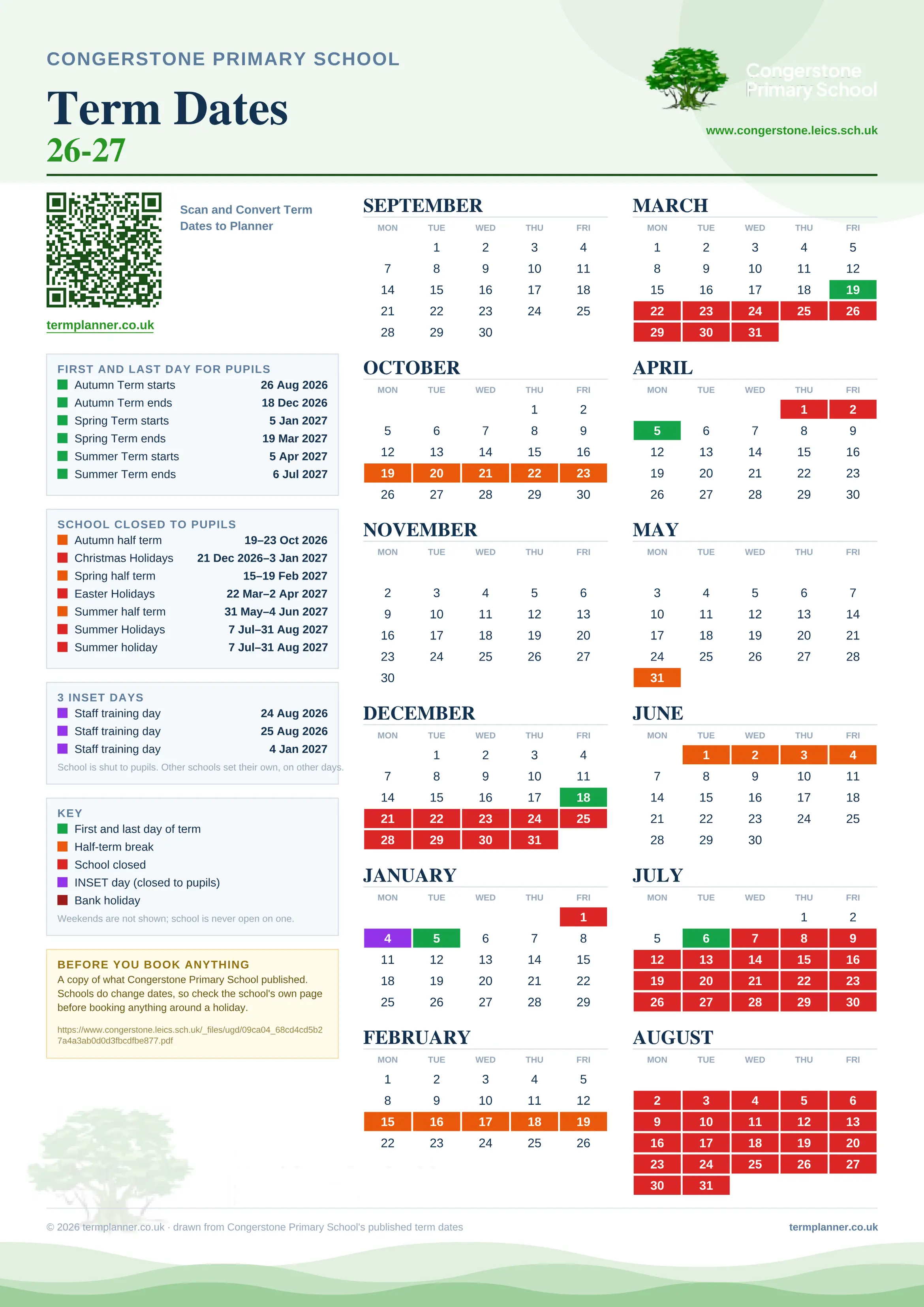 Congerstone Primary School’s 2026/27 school year drawn as one sheet: twelve month grids from September to August, Monday to Friday, with autumn term 26 August to 18 December 2026, spring term 5 January to 19 March 2027, summer term 5 April to 6 July 2027. Half terms, holidays and bank holidays are filled in colour, the first and last day of each term is marked, 3 INSET days are picked out, and every date is listed again in words down the left.