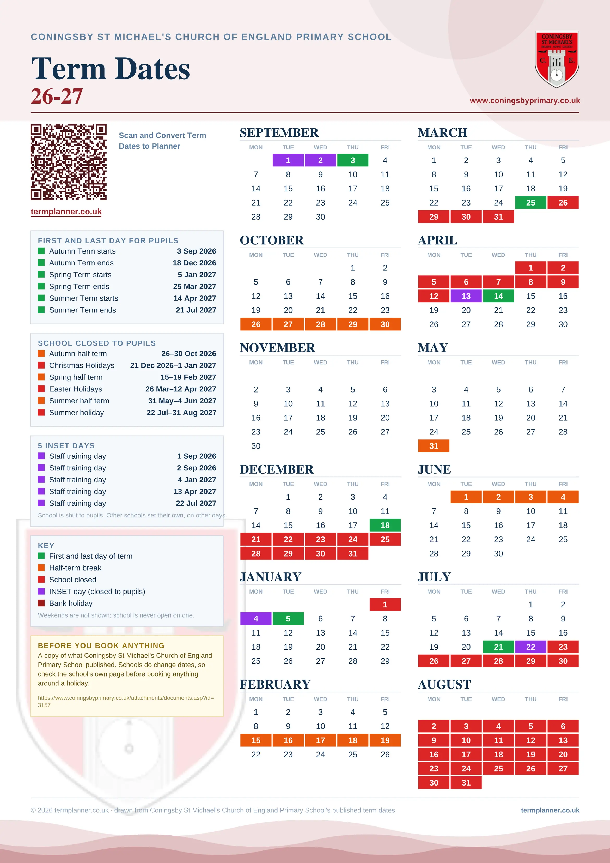 Coningsby St Michael's Church of England Primary School’s 2026/27 school year drawn as one sheet: twelve month grids from September to August, Monday to Friday, with autumn term 3 September to 18 December 2026, spring term 5 January to 25 March 2027, summer term 14 April to 21 July 2027. Half terms, holidays and bank holidays are filled in colour, the first and last day of each term is marked, 5 INSET days are picked out, and every date is listed again in words down the left.