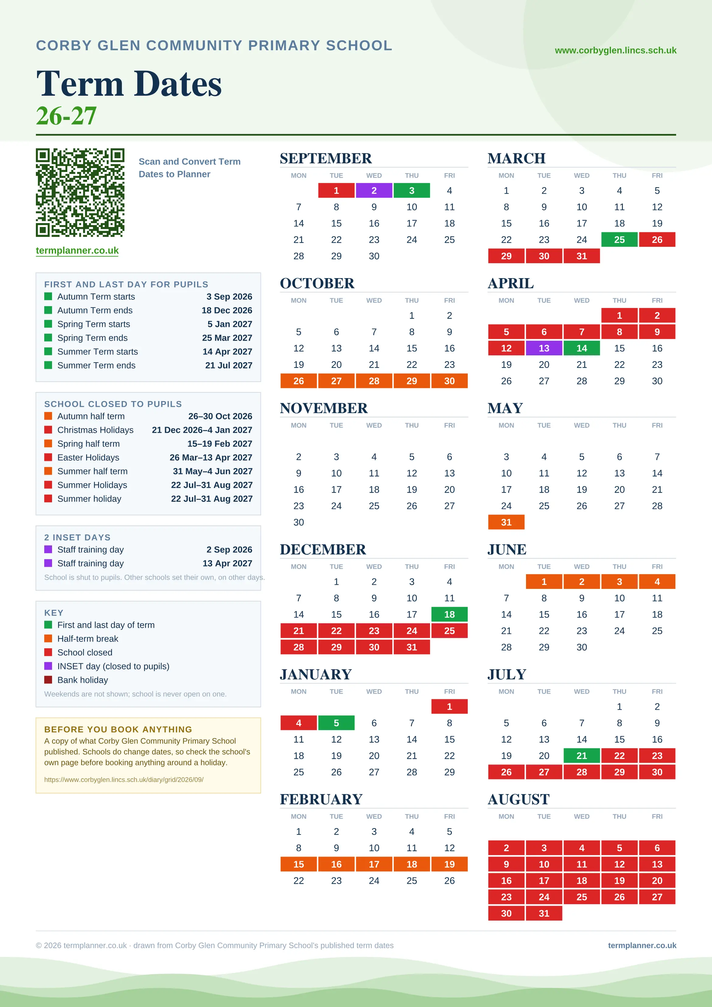 Corby Glen Community Primary School’s 2026/27 school year drawn as one sheet: twelve month grids from September to August, Monday to Friday, with autumn term 3 September to 18 December 2026, spring term 5 January to 25 March 2027, summer term 14 April to 21 July 2027. Half terms, holidays and bank holidays are filled in colour, the first and last day of each term is marked, 2 INSET days are picked out, and every date is listed again in words down the left.