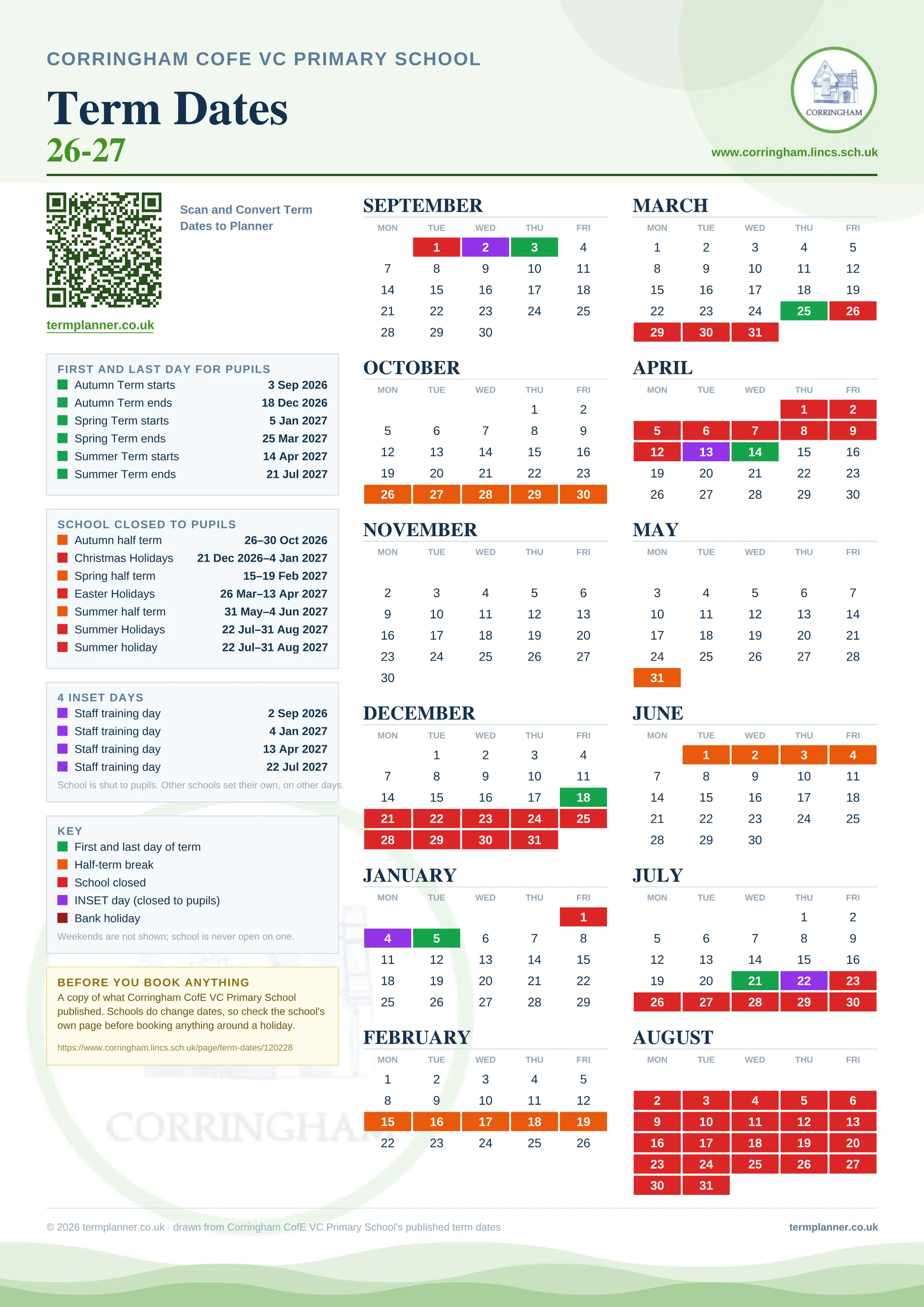 Corringham CofE VC Primary School’s 2026/27 school year drawn as one sheet: twelve month grids from September to August, Monday to Friday, with autumn term 3 September to 18 December 2026, spring term 5 January to 25 March 2027, summer term 14 April to 21 July 2027. Half terms, holidays and bank holidays are filled in colour, the first and last day of each term is marked, 4 INSET days are picked out, and every date is listed again in words down the left.