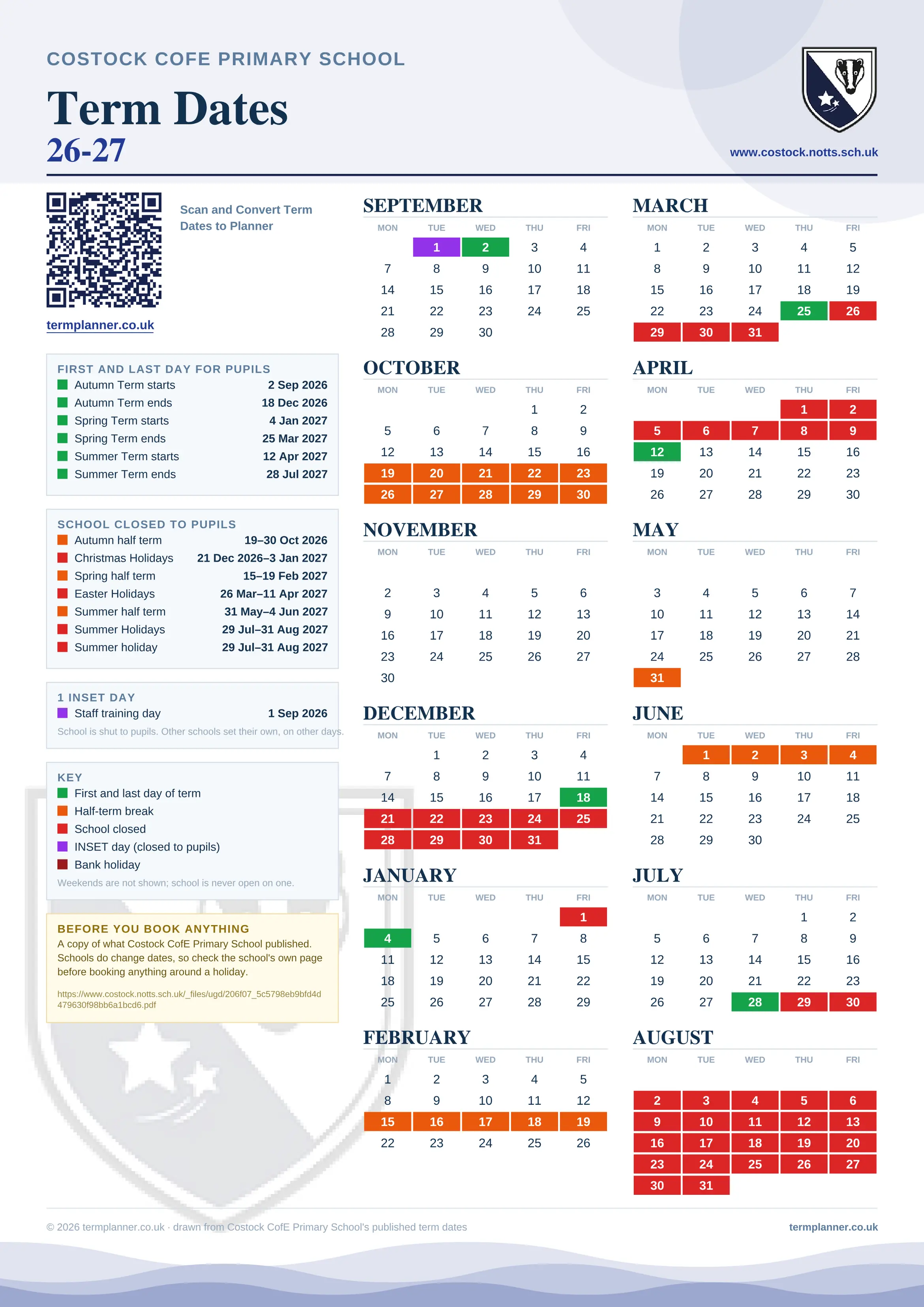 Costock CofE Primary School’s 2026/27 school year drawn as one sheet: twelve month grids from September to August, Monday to Friday, with autumn term 2 September to 18 December 2026, spring term 4 January to 25 March 2027, summer term 12 April to 28 July 2027. Half terms, holidays and bank holidays are filled in colour, the first and last day of each term is marked, 1 INSET day is picked out, and every date is listed again in words down the left.
