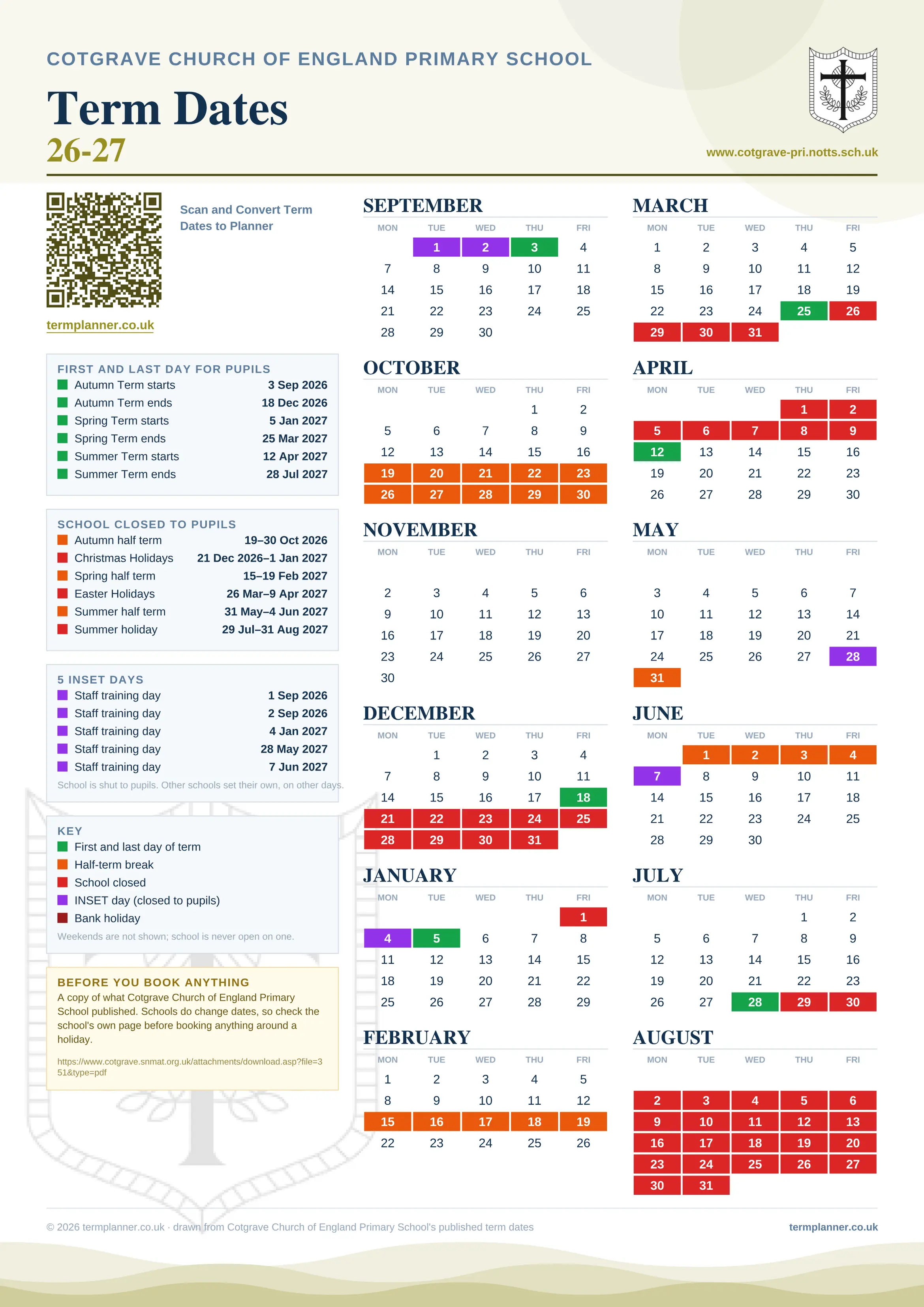 Cotgrave Church of England Primary School’s 2026/27 school year drawn as one sheet: twelve month grids from September to August, Monday to Friday, with autumn term 3 September to 18 December 2026, spring term 5 January to 25 March 2027, summer term 12 April to 28 July 2027. Half terms, holidays and bank holidays are filled in colour, the first and last day of each term is marked, 5 INSET days are picked out, and every date is listed again in words down the left.