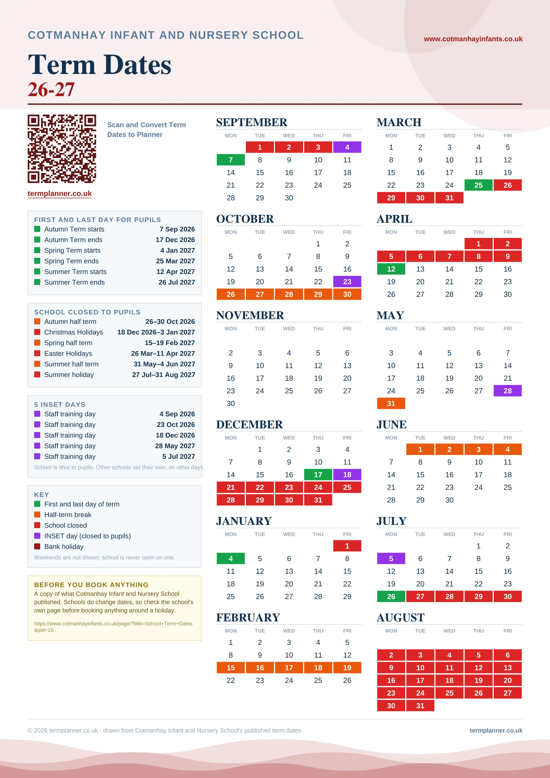 Cotmanhay Infant and Nursery School’s 2026/27 school year drawn as one sheet: twelve month grids from September to August, Monday to Friday, with autumn term 7 September to 17 December 2026, spring term 4 January to 25 March 2027, summer term 12 April to 26 July 2027. Half terms, holidays and bank holidays are filled in colour, the first and last day of each term is marked, 5 INSET days are picked out, and every date is listed again in words down the left.