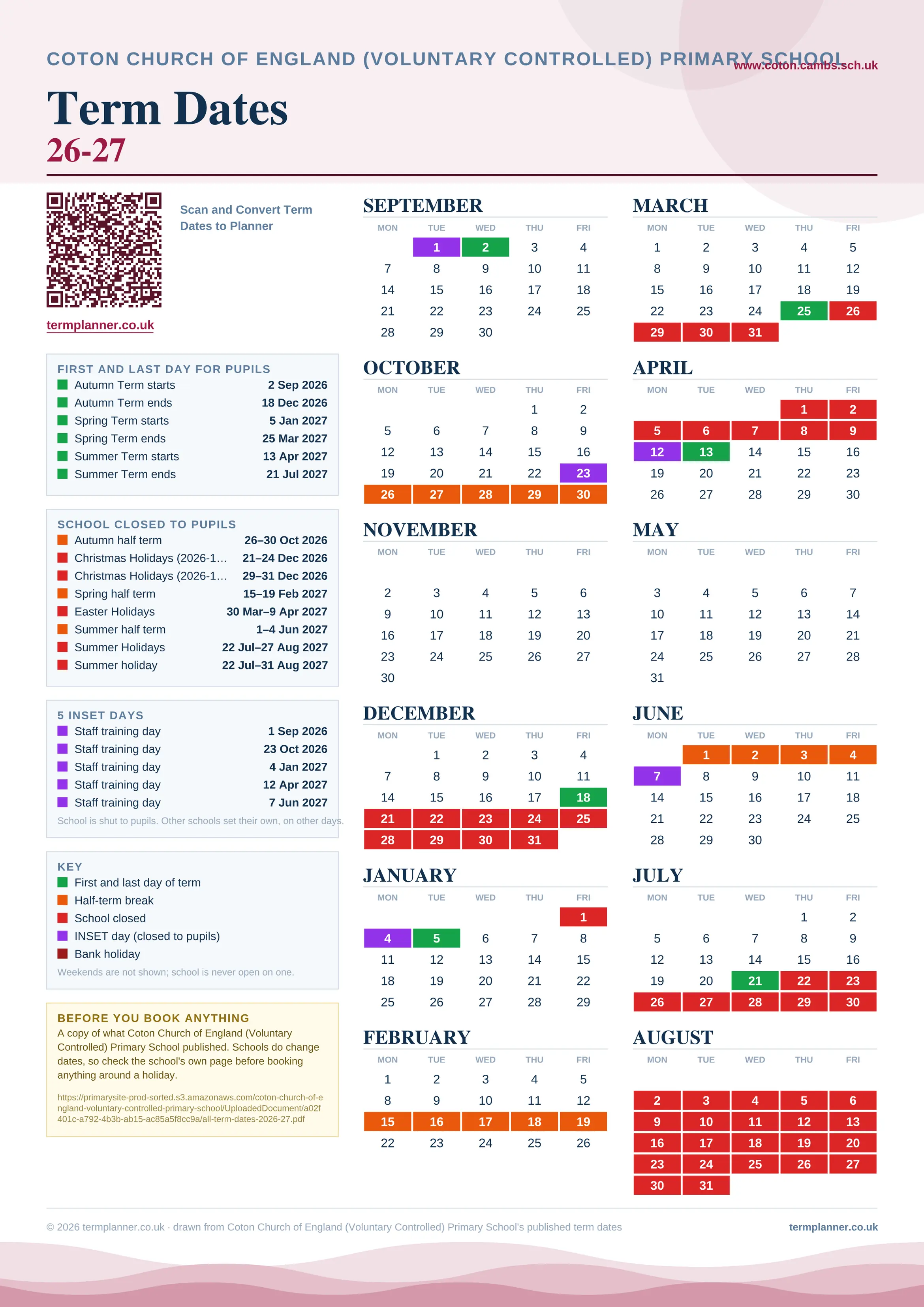 Coton Church of England (Voluntary Controlled) Primary School’s 2026/27 school year drawn as one sheet: twelve month grids from September to August, Monday to Friday, with autumn term 2 September to 18 December 2026, spring term 5 January to 25 March 2027, summer term 13 April to 21 July 2027. Half terms, holidays and bank holidays are filled in colour, the first and last day of each term is marked, 5 INSET days are picked out, and every date is listed again in words down the left.