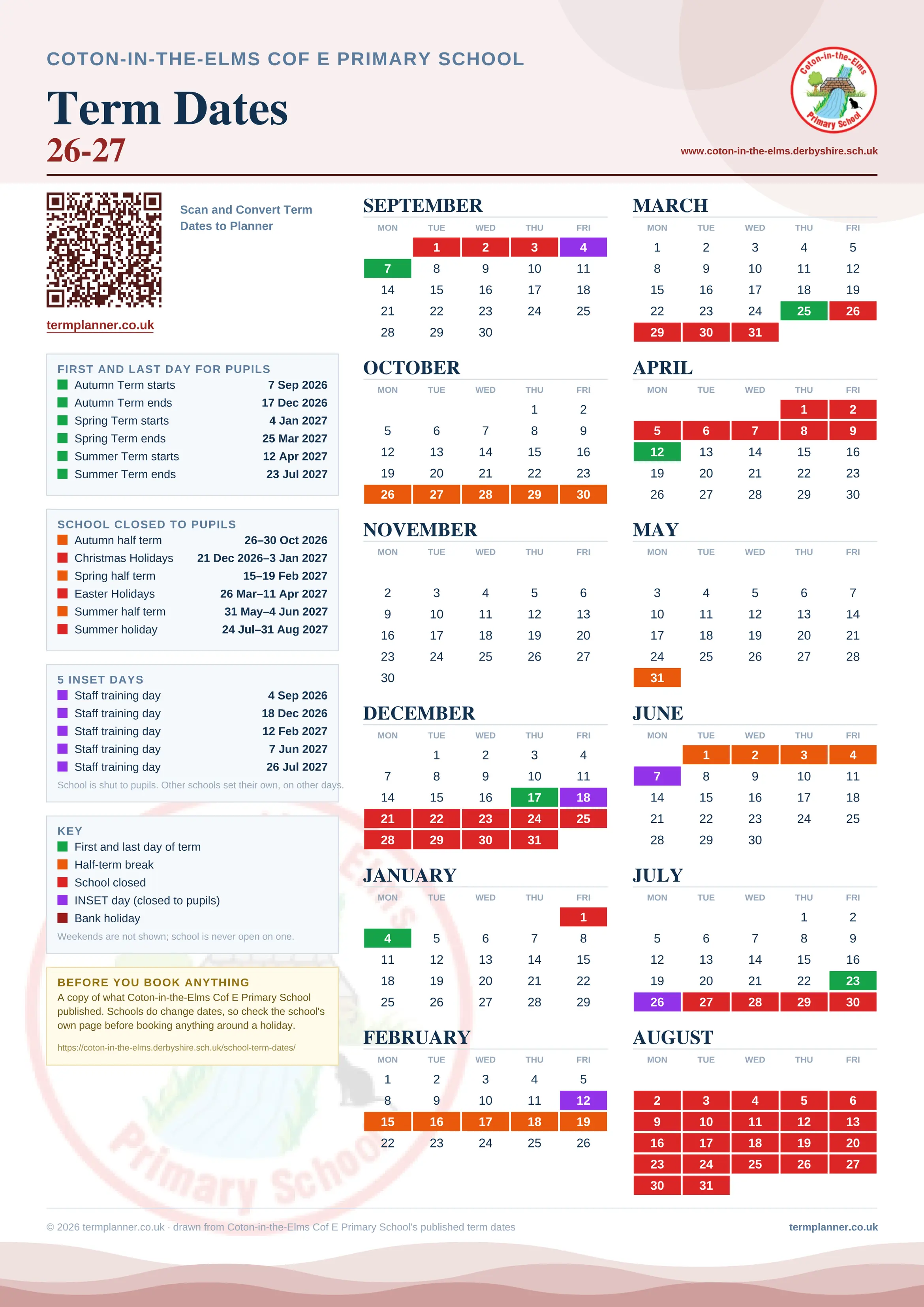 Coton-in-the-Elms Cof E Primary School’s 2026/27 school year drawn as one sheet: twelve month grids from September to August, Monday to Friday, with autumn term 7 September to 17 December 2026, spring term 4 January to 25 March 2027, summer term 12 April to 23 July 2027. Half terms, holidays and bank holidays are filled in colour, the first and last day of each term is marked, 5 INSET days are picked out, and every date is listed again in words down the left.