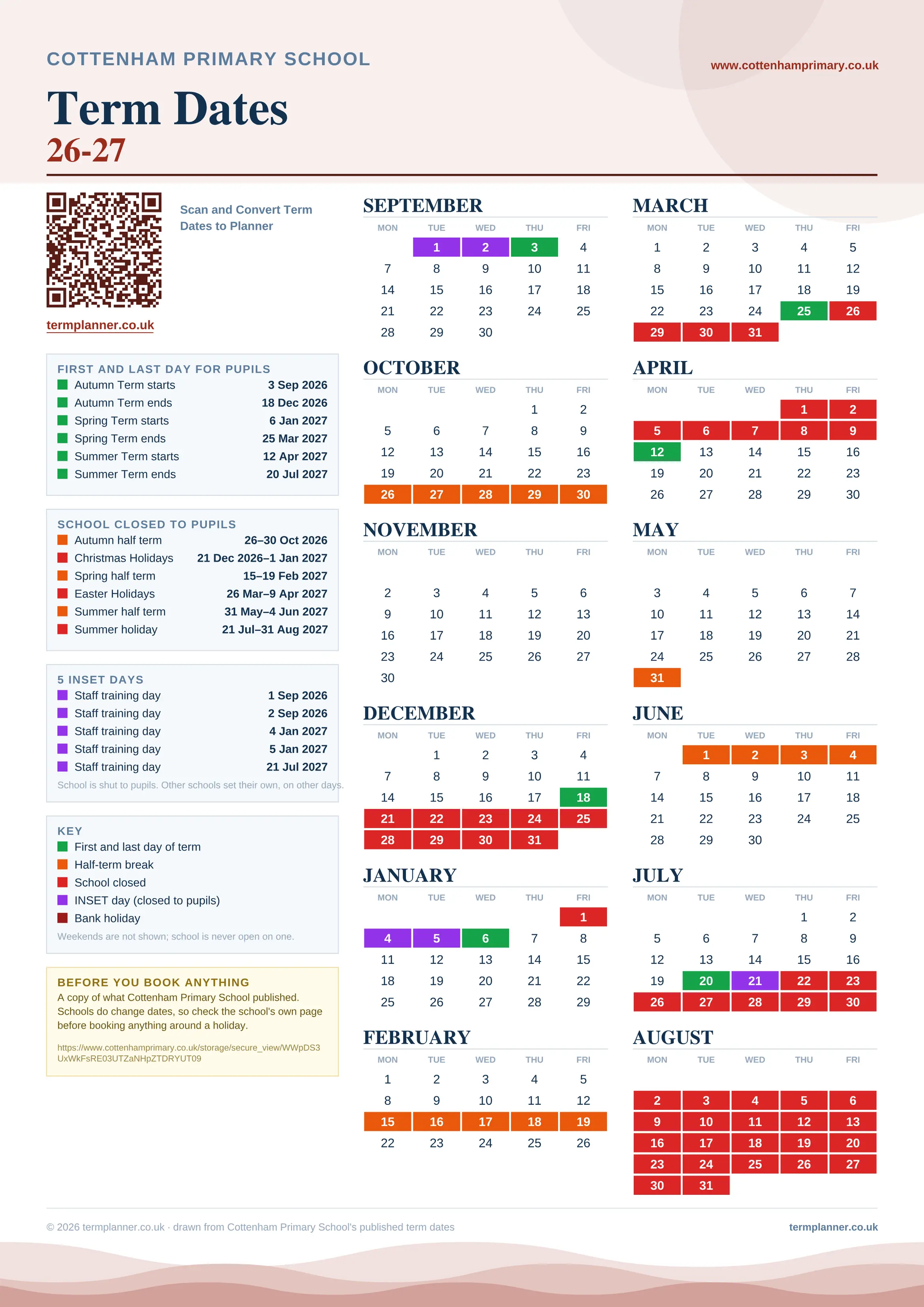 Cottenham Primary School’s 2026/27 school year drawn as one sheet: twelve month grids from September to August, Monday to Friday, with autumn term 3 September to 18 December 2026, spring term 6 January to 25 March 2027, summer term 12 April to 20 July 2027. Half terms, holidays and bank holidays are filled in colour, the first and last day of each term is marked, 5 INSET days are picked out, and every date is listed again in words down the left.