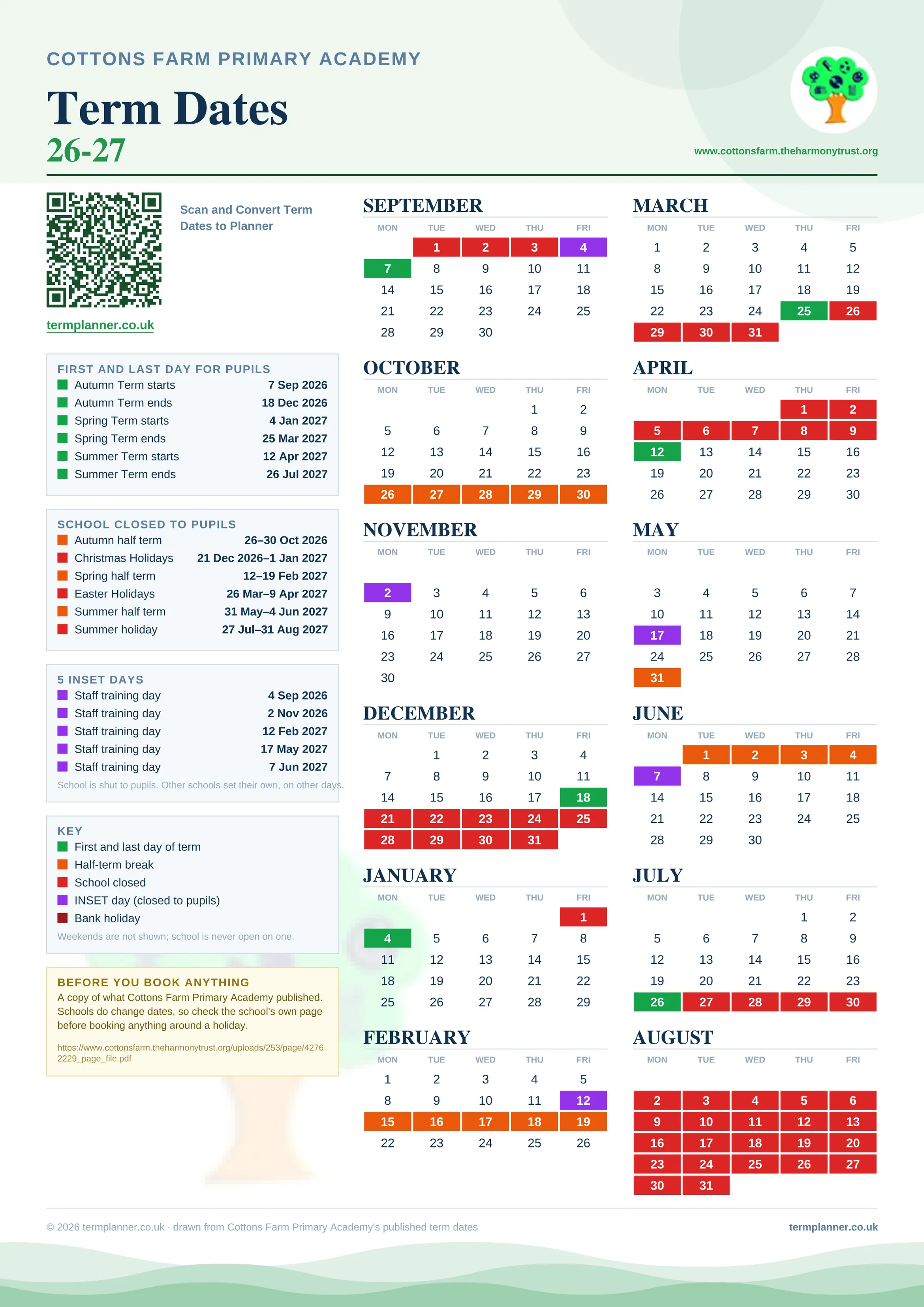 Cottons Farm Primary Academy’s 2026/27 school year drawn as one sheet: twelve month grids from September to August, Monday to Friday, with autumn term 7 September to 18 December 2026, spring term 4 January to 25 March 2027, summer term 12 April to 26 July 2027. Half terms, holidays and bank holidays are filled in colour, the first and last day of each term is marked, 5 INSET days are picked out, and every date is listed again in words down the left.