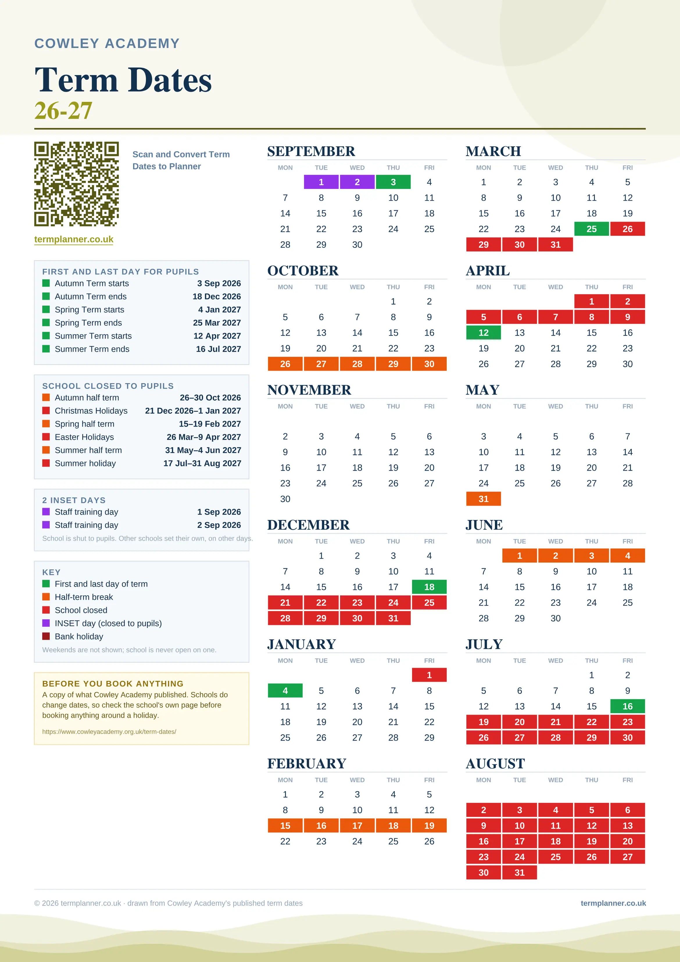 Cowley Academy’s 2026/27 school year drawn as one sheet: twelve month grids from September to August, Monday to Friday, with autumn term 3 September to 18 December 2026, spring term 4 January to 25 March 2027, summer term 12 April to 16 July 2027. Half terms, holidays and bank holidays are filled in colour, the first and last day of each term is marked, 2 INSET days are picked out, and every date is listed again in words down the left.