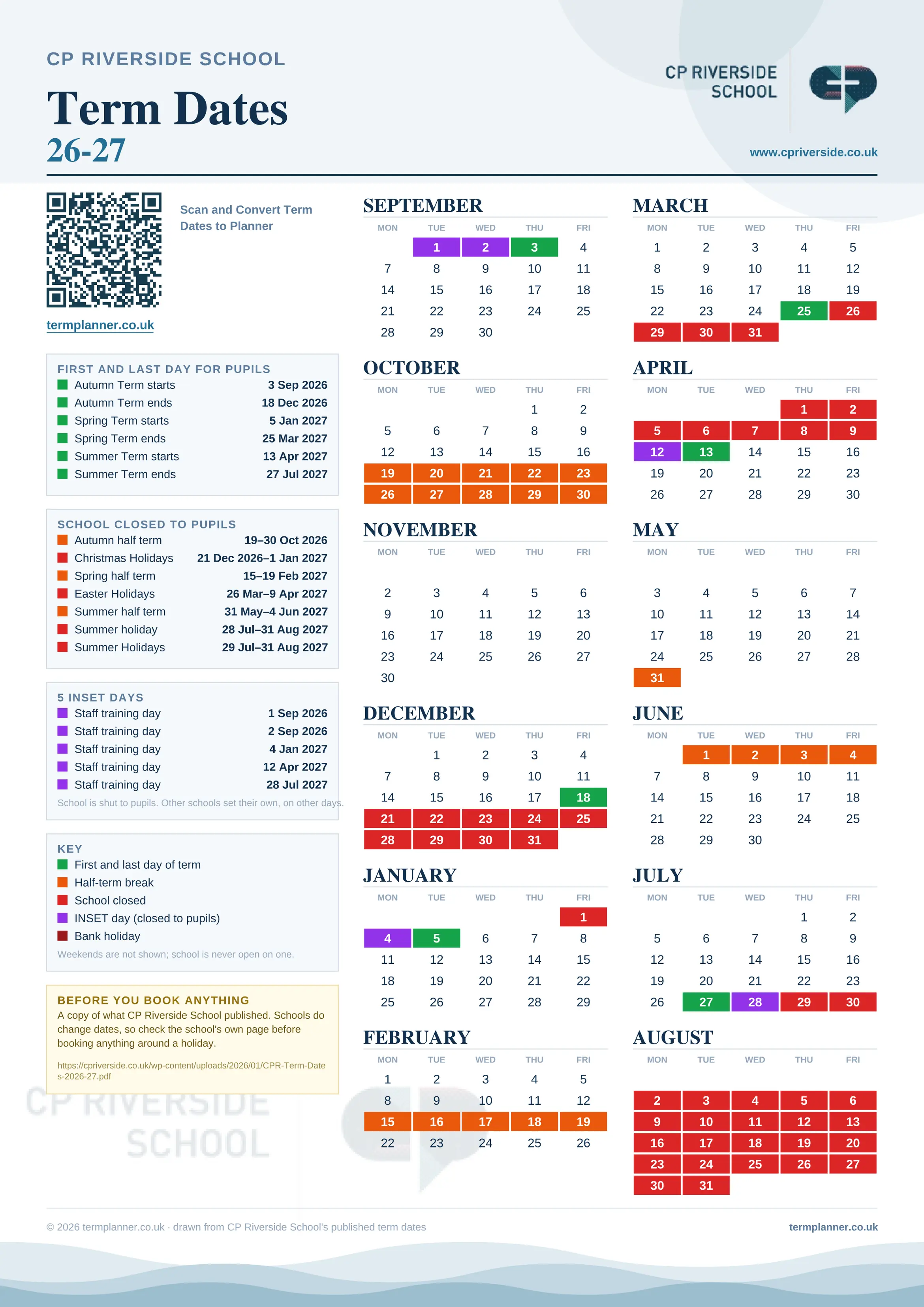CP Riverside School’s 2026/27 school year drawn as one sheet: twelve month grids from September to August, Monday to Friday, with autumn term 3 September to 18 December 2026, spring term 5 January to 25 March 2027, summer term 13 April to 27 July 2027. Half terms, holidays and bank holidays are filled in colour, the first and last day of each term is marked, 5 INSET days are picked out, and every date is listed again in words down the left.