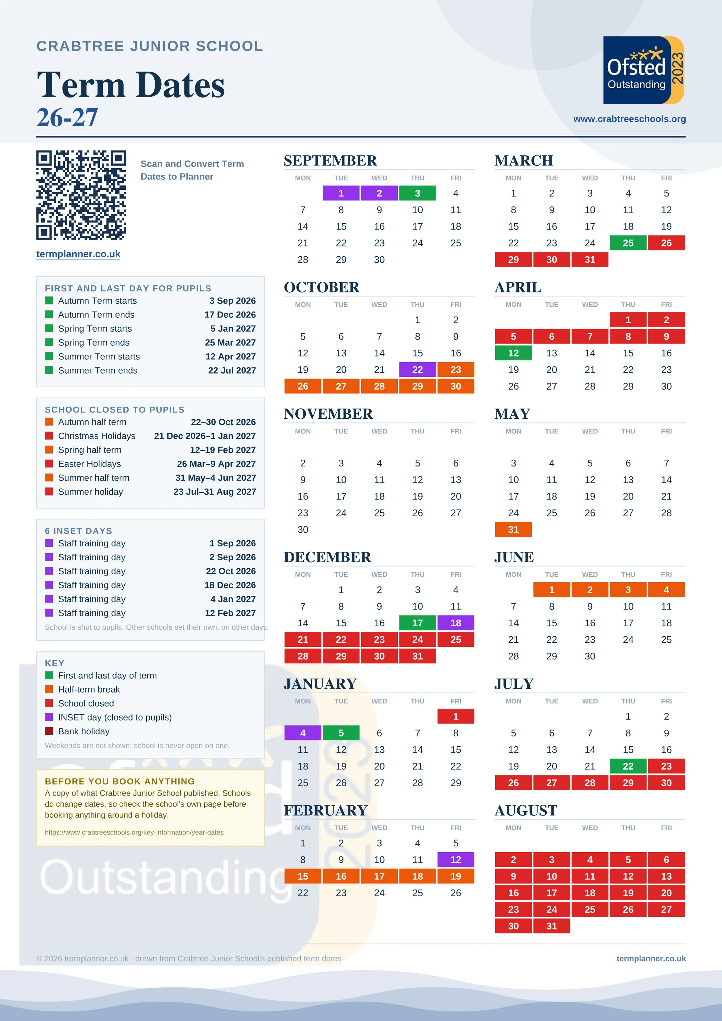 Crabtree Junior School’s 2026/27 school year drawn as one sheet: twelve month grids from September to August, Monday to Friday, with autumn term 3 September to 17 December 2026, spring term 5 January to 25 March 2027, summer term 12 April to 22 July 2027. Half terms, holidays and bank holidays are filled in colour, the first and last day of each term is marked, 6 INSET days are picked out, and every date is listed again in words down the left.