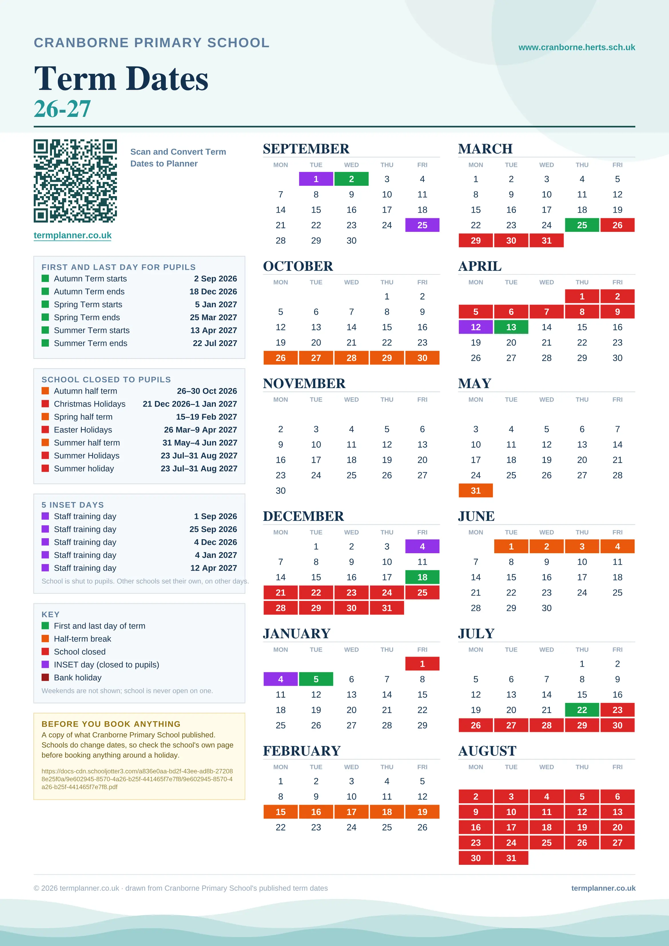 Cranborne Primary School’s 2026/27 school year drawn as one sheet: twelve month grids from September to August, Monday to Friday, with autumn term 2 September to 18 December 2026, spring term 5 January to 25 March 2027, summer term 13 April to 22 July 2027. Half terms, holidays and bank holidays are filled in colour, the first and last day of each term is marked, 5 INSET days are picked out, and every date is listed again in words down the left.