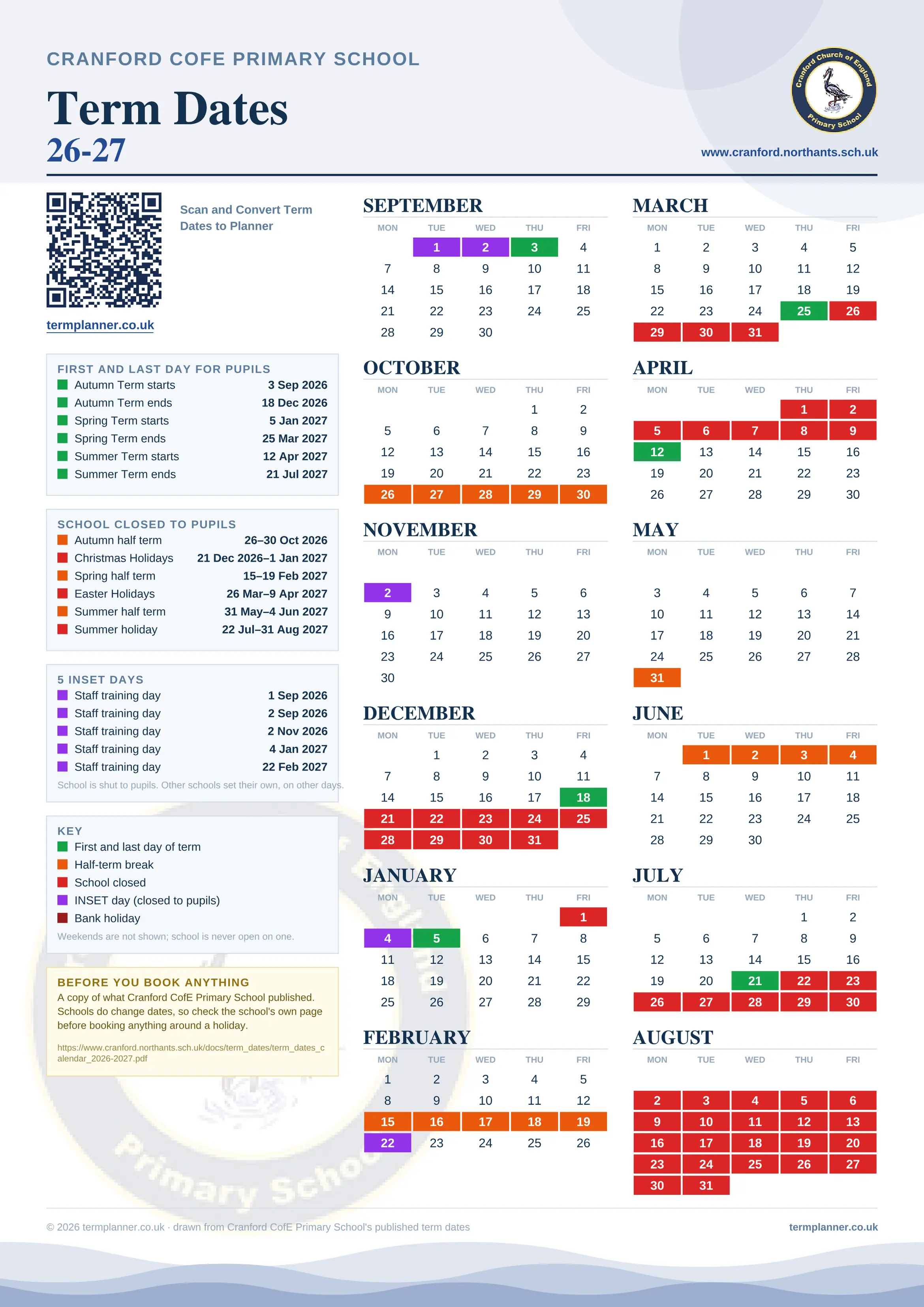 Cranford CofE Primary School’s 2026/27 school year drawn as one sheet: twelve month grids from September to August, Monday to Friday, with autumn term 3 September to 18 December 2026, spring term 5 January to 25 March 2027, summer term 12 April to 21 July 2027. Half terms, holidays and bank holidays are filled in colour, the first and last day of each term is marked, 5 INSET days are picked out, and every date is listed again in words down the left.