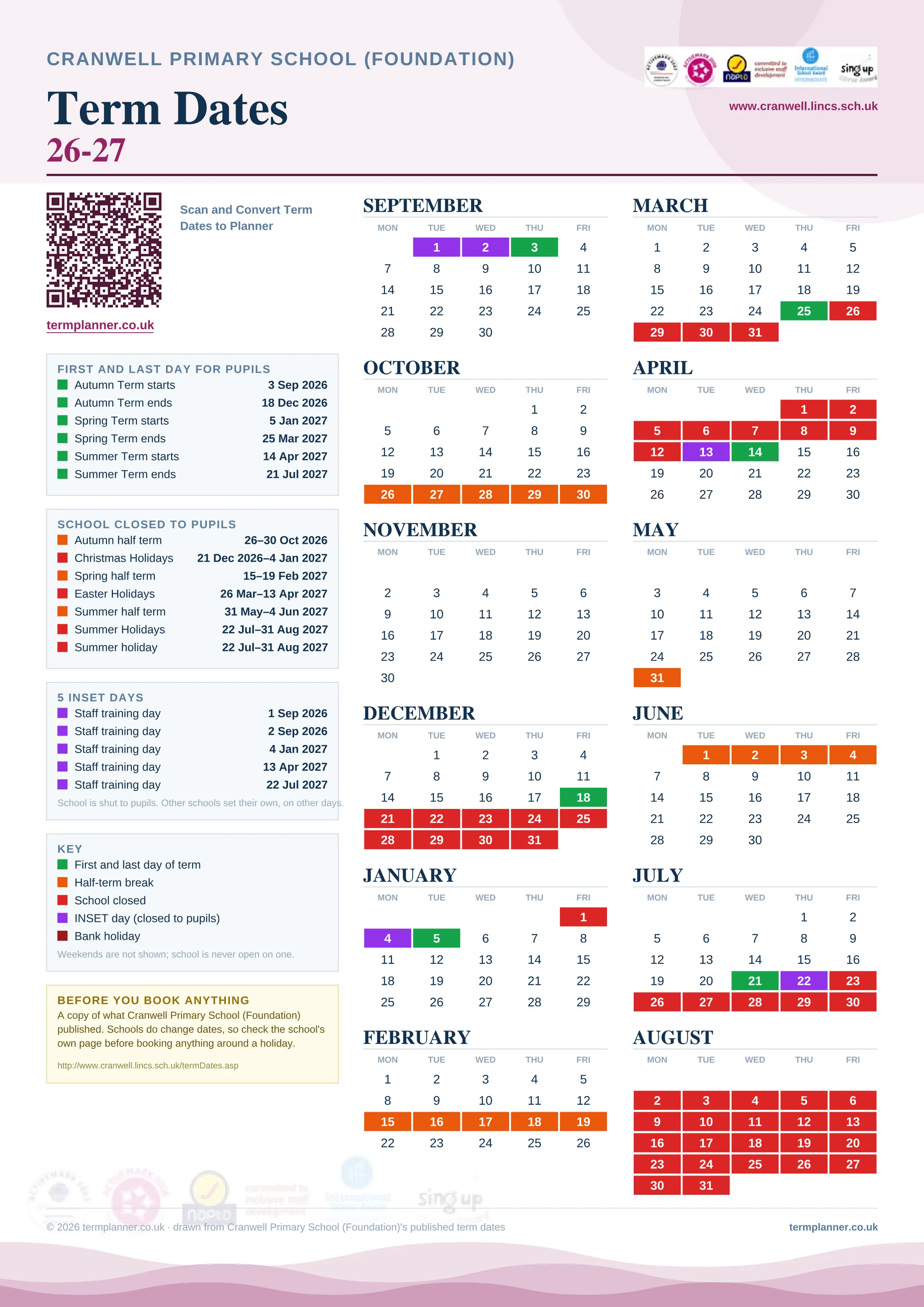 Cranwell Primary School (Foundation)’s 2026/27 school year drawn as one sheet: twelve month grids from September to August, Monday to Friday, with autumn term 3 September to 18 December 2026, spring term 5 January to 25 March 2027, summer term 14 April to 21 July 2027. Half terms, holidays and bank holidays are filled in colour, the first and last day of each term is marked, 5 INSET days are picked out, and every date is listed again in words down the left.