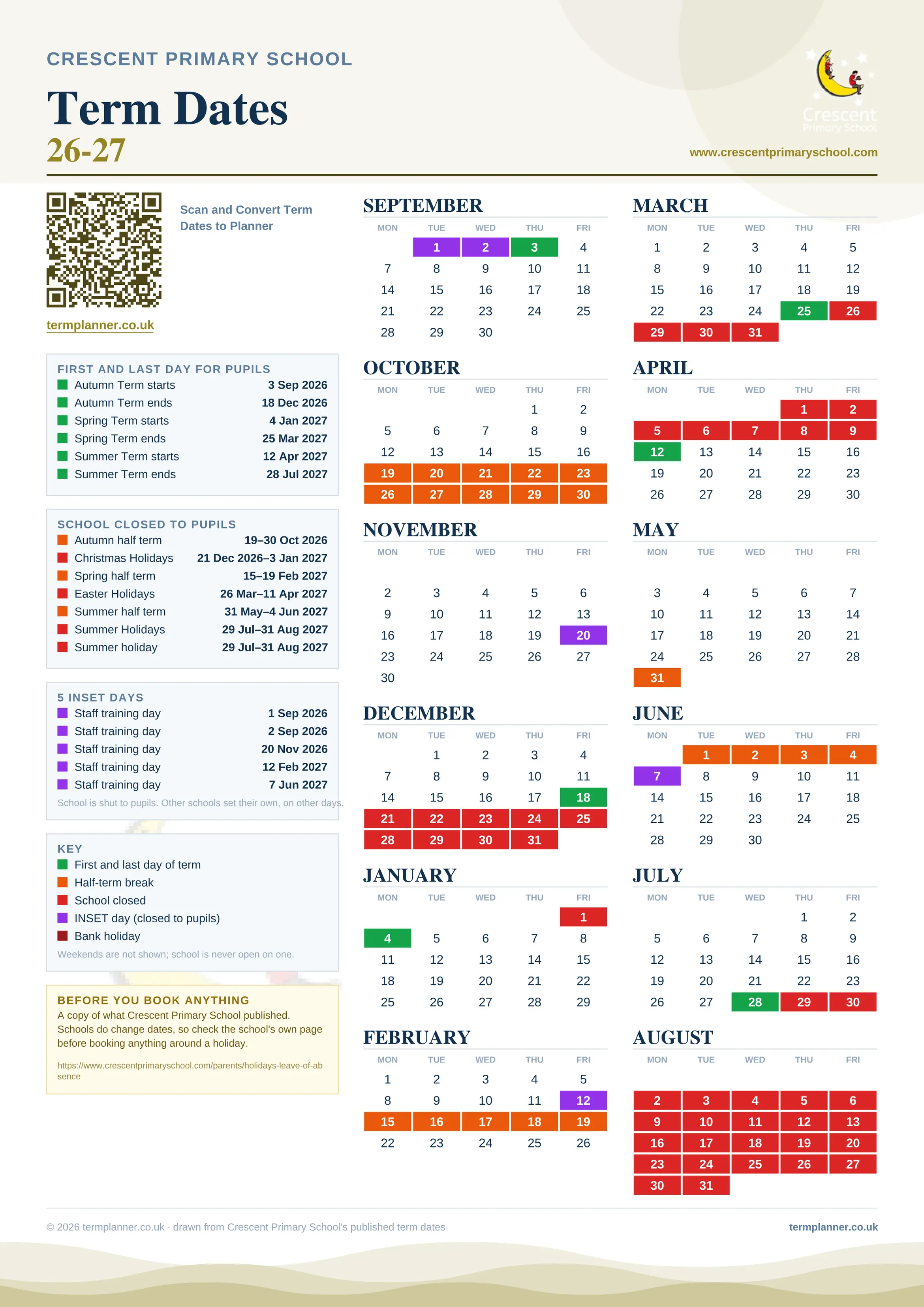 Crescent Primary School’s 2026/27 school year drawn as one sheet: twelve month grids from September to August, Monday to Friday, with autumn term 3 September to 18 December 2026, spring term 4 January to 25 March 2027, summer term 12 April to 28 July 2027. Half terms, holidays and bank holidays are filled in colour, the first and last day of each term is marked, 5 INSET days are picked out, and every date is listed again in words down the left.