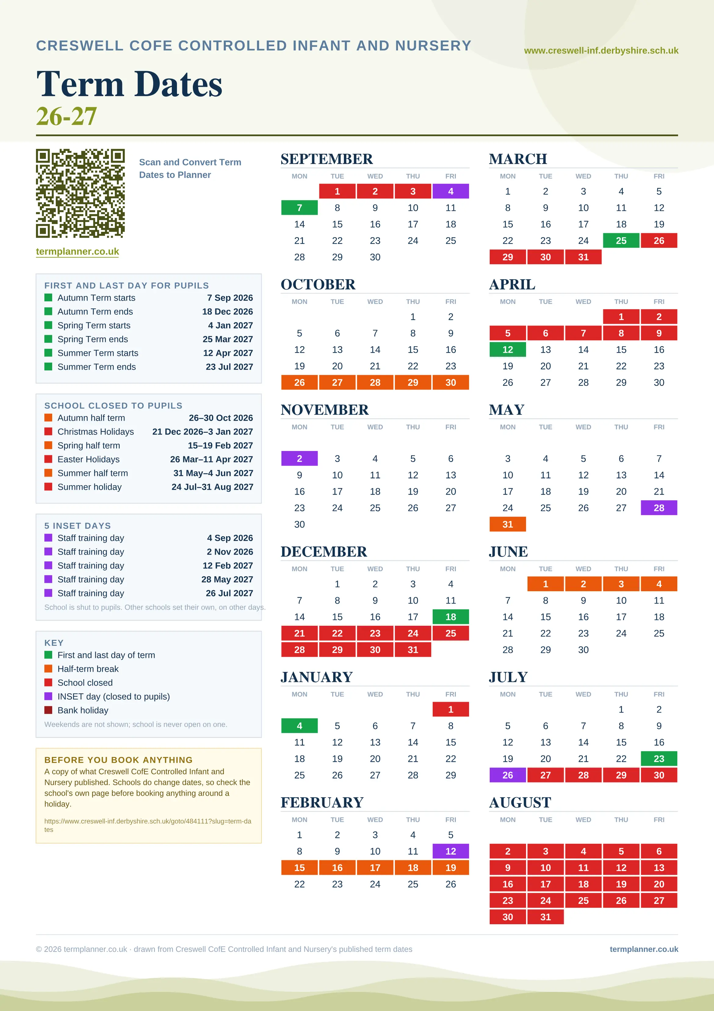 Creswell CofE Controlled Infant and Nursery’s 2026/27 school year drawn as one sheet: twelve month grids from September to August, Monday to Friday, with autumn term 7 September to 18 December 2026, spring term 4 January to 25 March 2027, summer term 12 April to 23 July 2027. Half terms, holidays and bank holidays are filled in colour, the first and last day of each term is marked, 5 INSET days are picked out, and every date is listed again in words down the left.