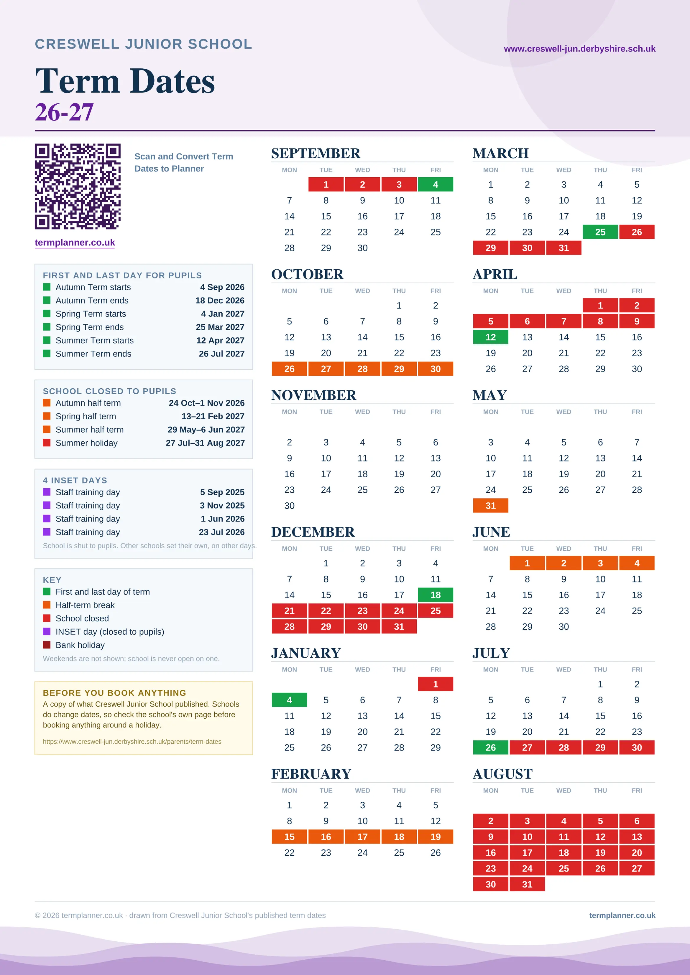 Creswell Junior School’s 2026/27 school year drawn as one sheet: twelve month grids from September to August, Monday to Friday, with autumn term 4 September to 18 December 2026, spring term 4 January to 25 March 2027, summer term 12 April to 26 July 2027. Half terms, holidays and bank holidays are filled in colour, the first and last day of each term is marked, 4 INSET days are picked out, and every date is listed again in words down the left.