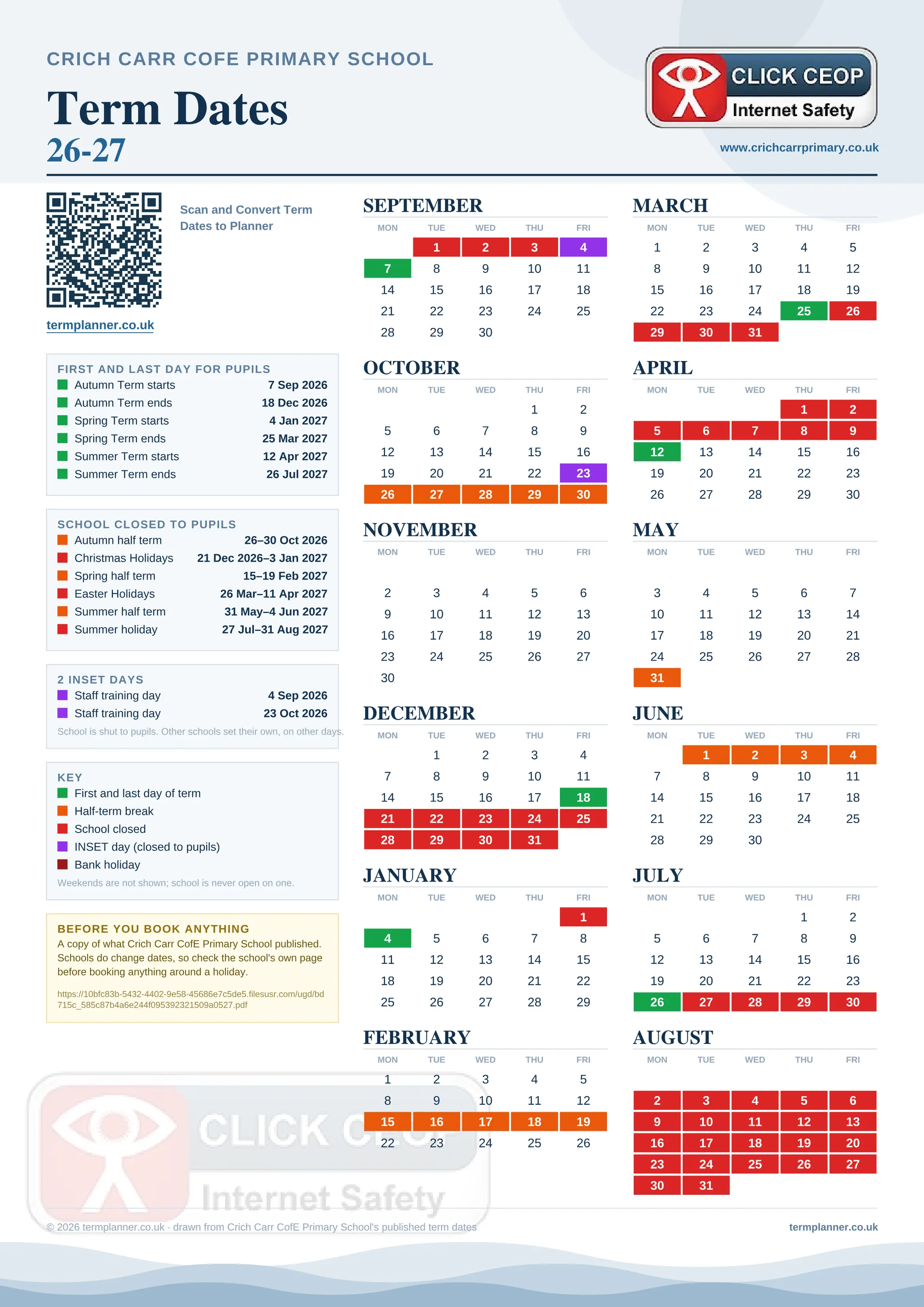 Crich Carr CofE Primary School’s 2026/27 school year drawn as one sheet: twelve month grids from September to August, Monday to Friday, with autumn term 7 September to 18 December 2026, spring term 4 January to 25 March 2027, summer term 12 April to 26 July 2027. Half terms, holidays and bank holidays are filled in colour, the first and last day of each term is marked, 2 INSET days are picked out, and every date is listed again in words down the left.