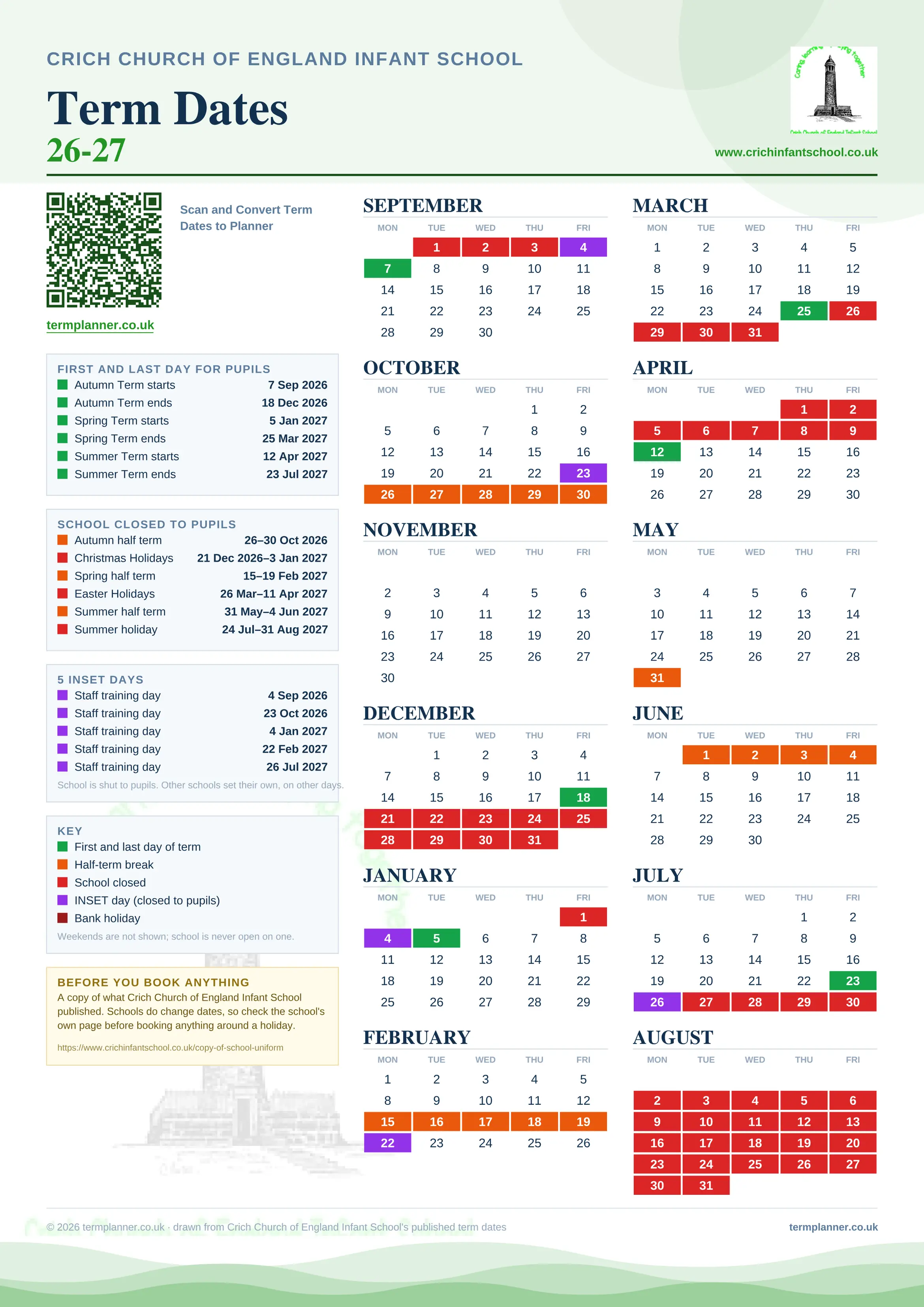 Crich Church of England Infant School’s 2026/27 school year drawn as one sheet: twelve month grids from September to August, Monday to Friday, with autumn term 7 September to 18 December 2026, spring term 5 January to 25 March 2027, summer term 12 April to 23 July 2027. Half terms, holidays and bank holidays are filled in colour, the first and last day of each term is marked, 5 INSET days are picked out, and every date is listed again in words down the left.