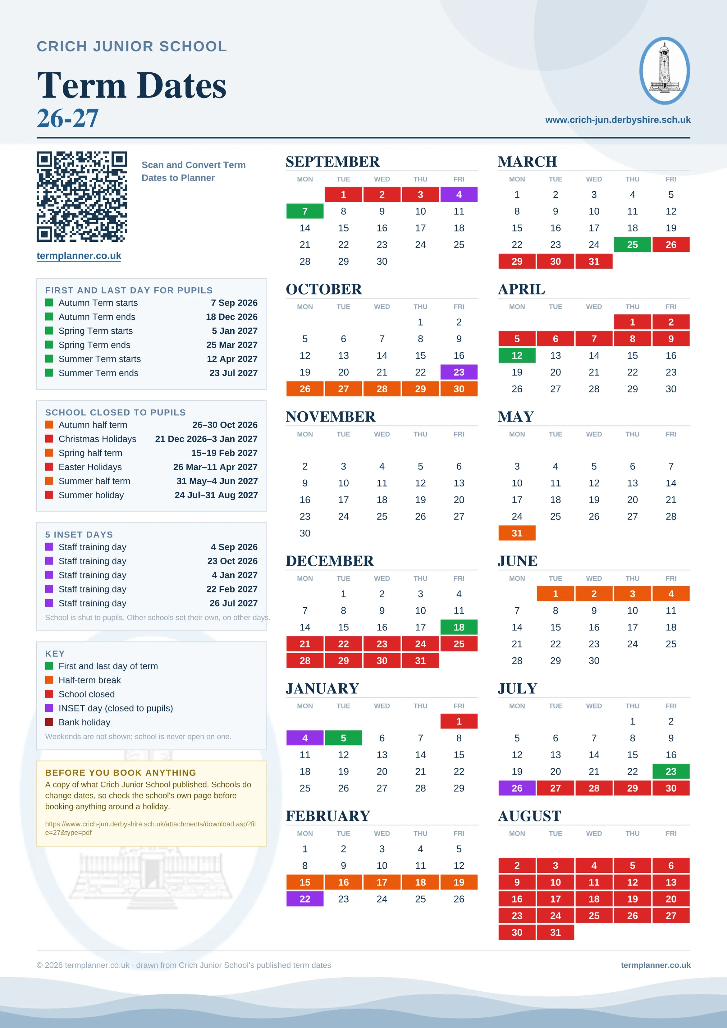 Crich Junior School’s 2026/27 school year drawn as one sheet: twelve month grids from September to August, Monday to Friday, with autumn term 7 September to 18 December 2026, spring term 5 January to 25 March 2027, summer term 12 April to 23 July 2027. Half terms, holidays and bank holidays are filled in colour, the first and last day of each term is marked, 5 INSET days are picked out, and every date is listed again in words down the left.